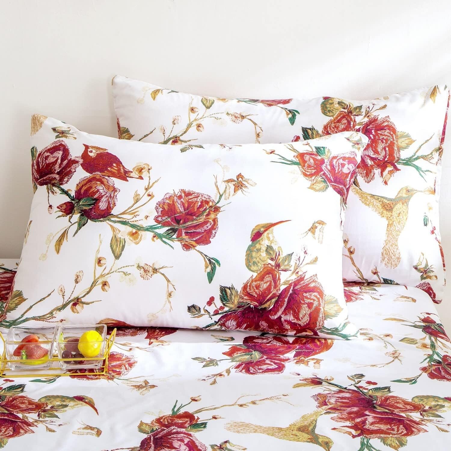 Tache Floral Hummingbirds Burgundy White Vintage Rose Garden Pillowcase (SD-7676)
