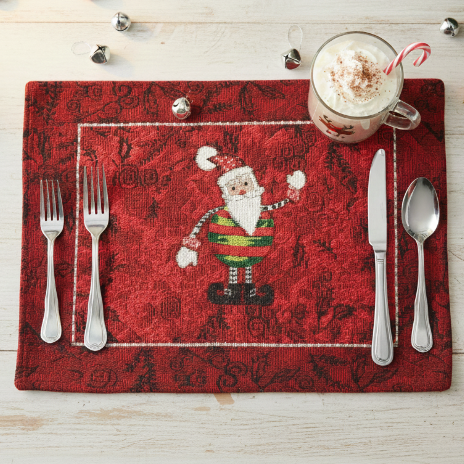 Tache Here Comes Santa Claus Vintage Holiday Woven Tapestry Red Christmas Placemat Set of 4 (8577PM)