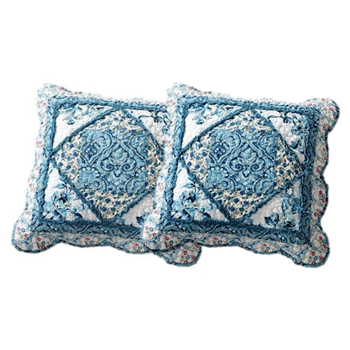 Tache Cotton Patchwork White Blue Floral Scalloped Petal Dance Cushion Covers / Euro Sham (JHW-646)