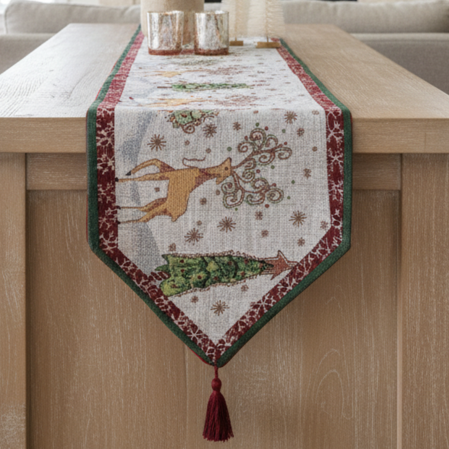 Taterbush Winter Forest Reindeer Vintage Holiday Woven Tapestry Table Runners (9192TR)