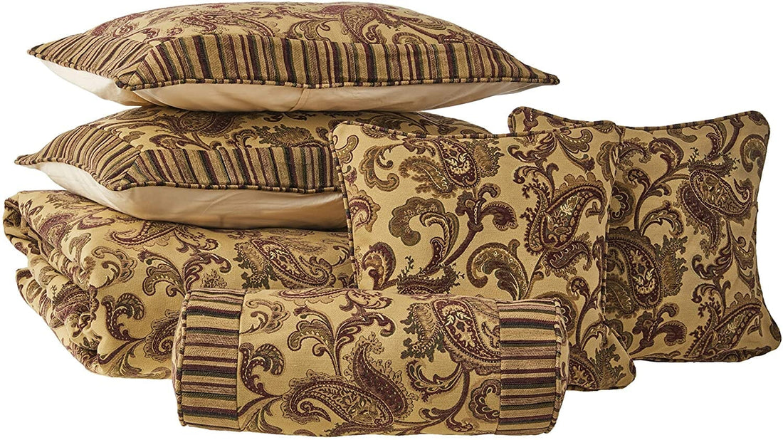 Taterbush Chenille Elegant Paisley Striped Brown Burgundy Exotic Blooms Comforter Set With Zipper Cover (BM14224)