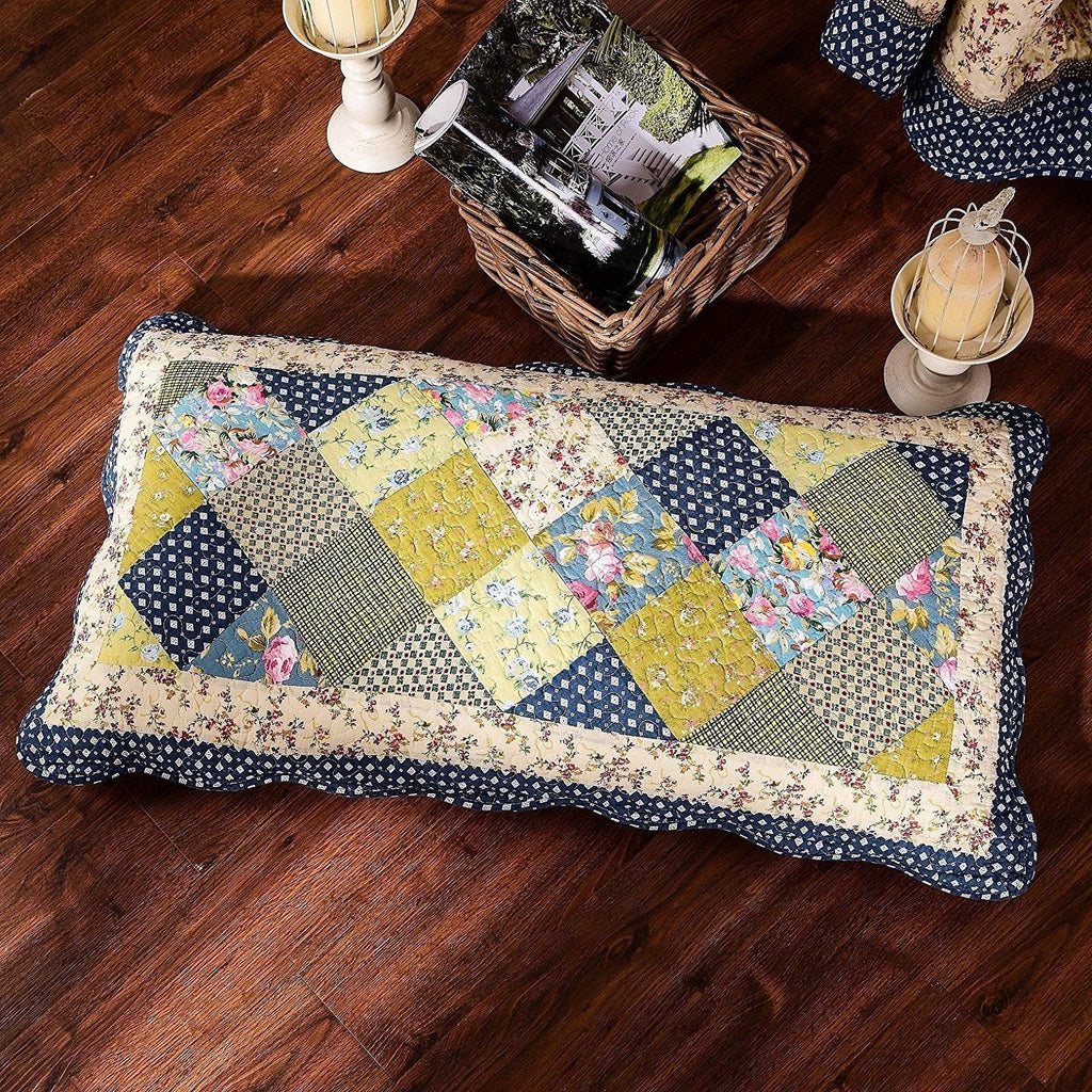 Tache Spring Shower Olive Green Navy Blue Floral Scalloped Cotton Patchwork Quilt Set (DXJ10077)