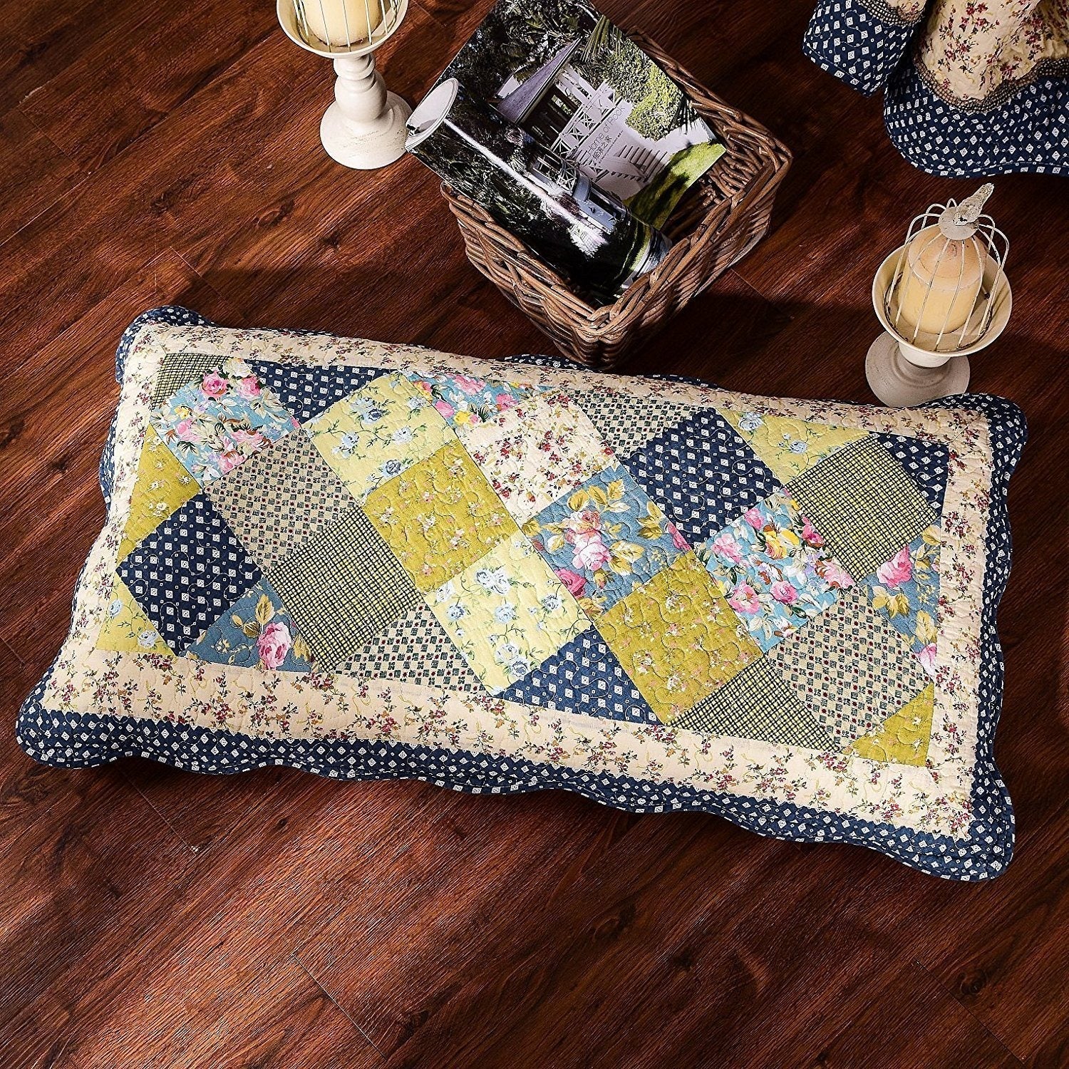 Tache Spring Shower Olive Green Navy Blue Floral Scalloped Cotton Patchwork Quilt Set (DXJ10077)