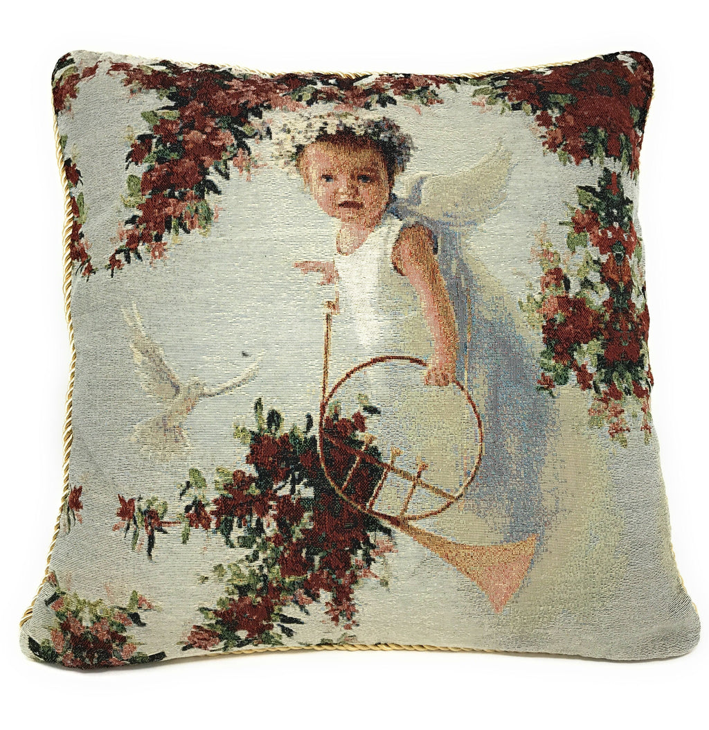 Tache Cupid's Horn Antique Rose Bird Dove Woven Tapestry Throw Pillow Cover (16375)