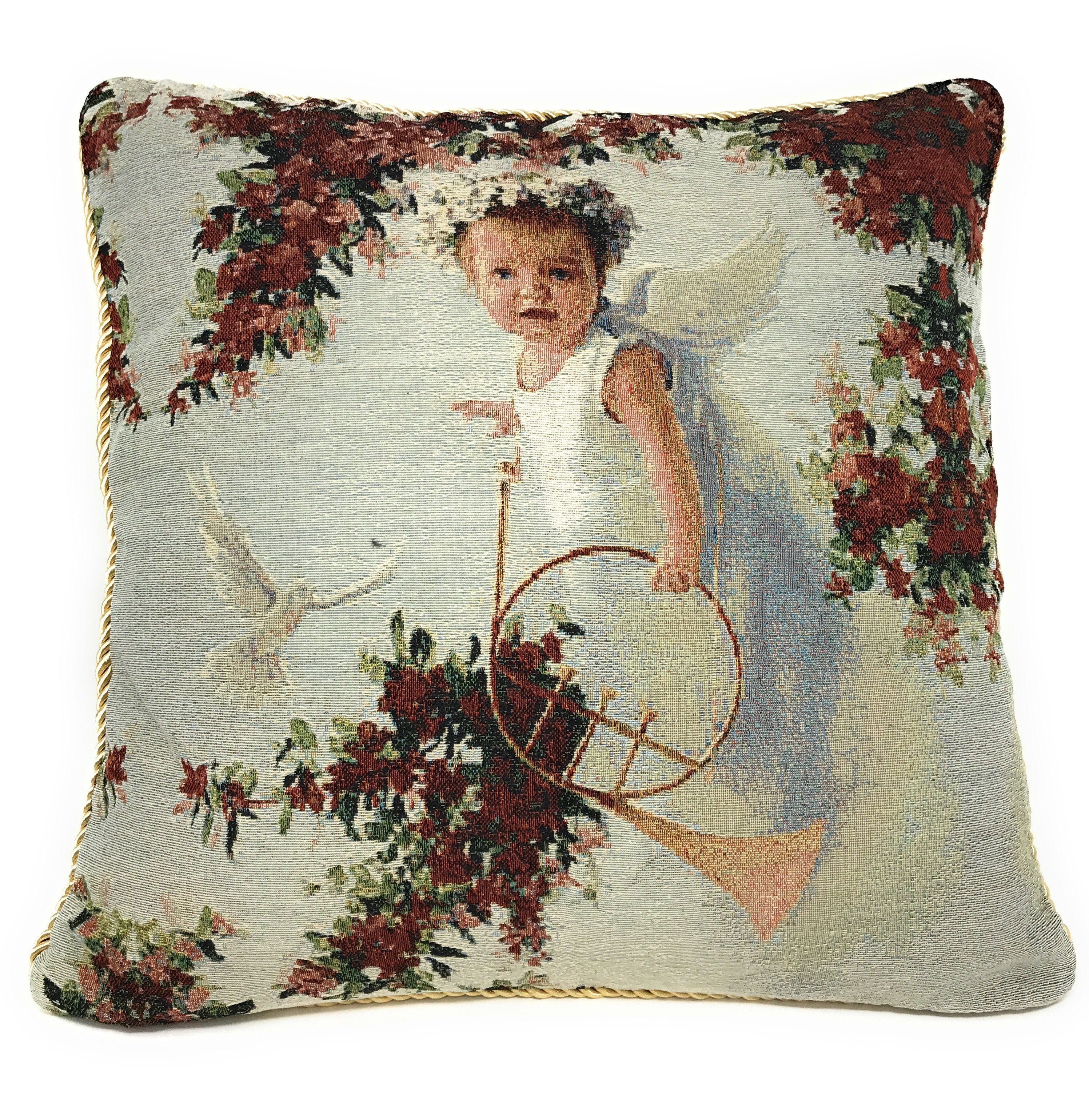 Tache Cupid's Horn Antique Rose Bird Dove Woven Tapestry Throw Pillow Cover (16375)