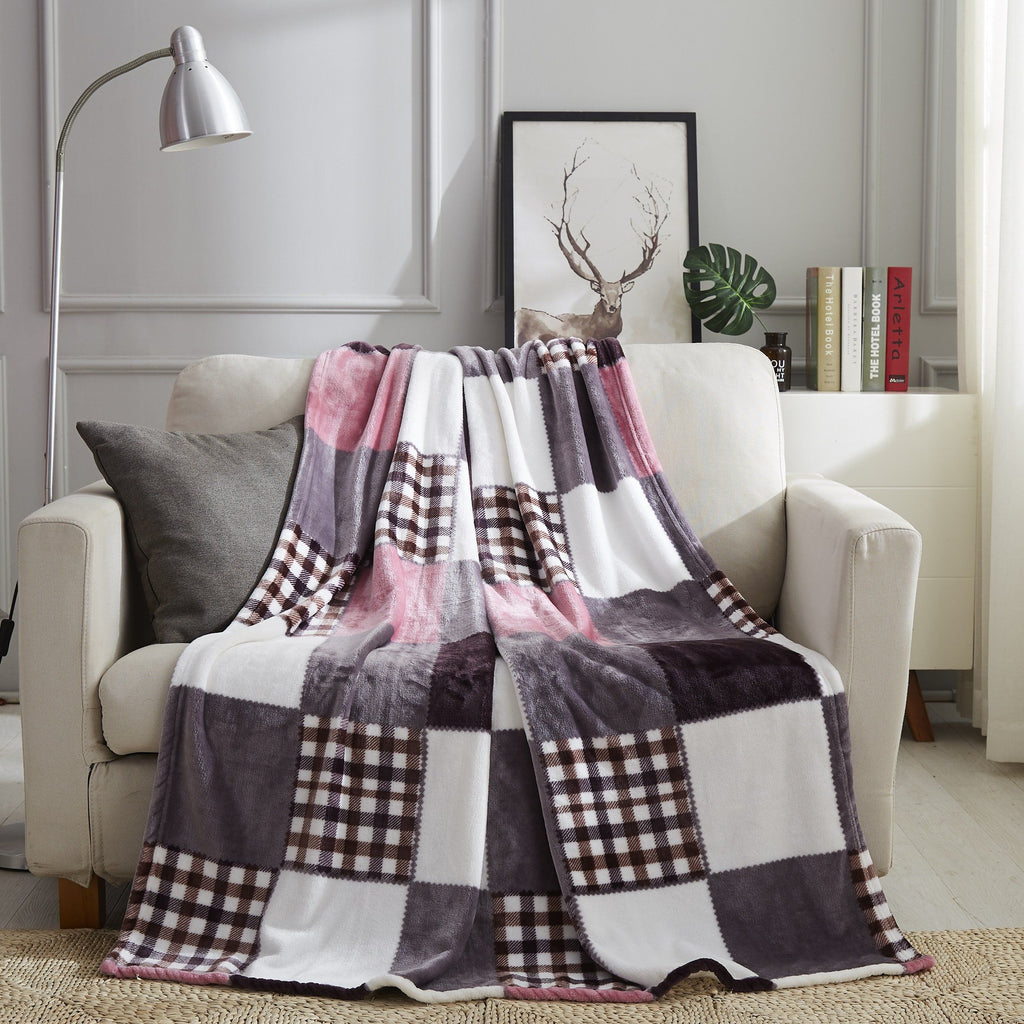 Tache Autumn Muave Purple Pink Farmhouse Super Soft Plaid Patchwork Throw Blanket (4022)