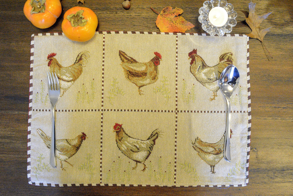 Tache Country Farmhouse Rooster Hens Woven Tapestry Placemat Set (13139PM)