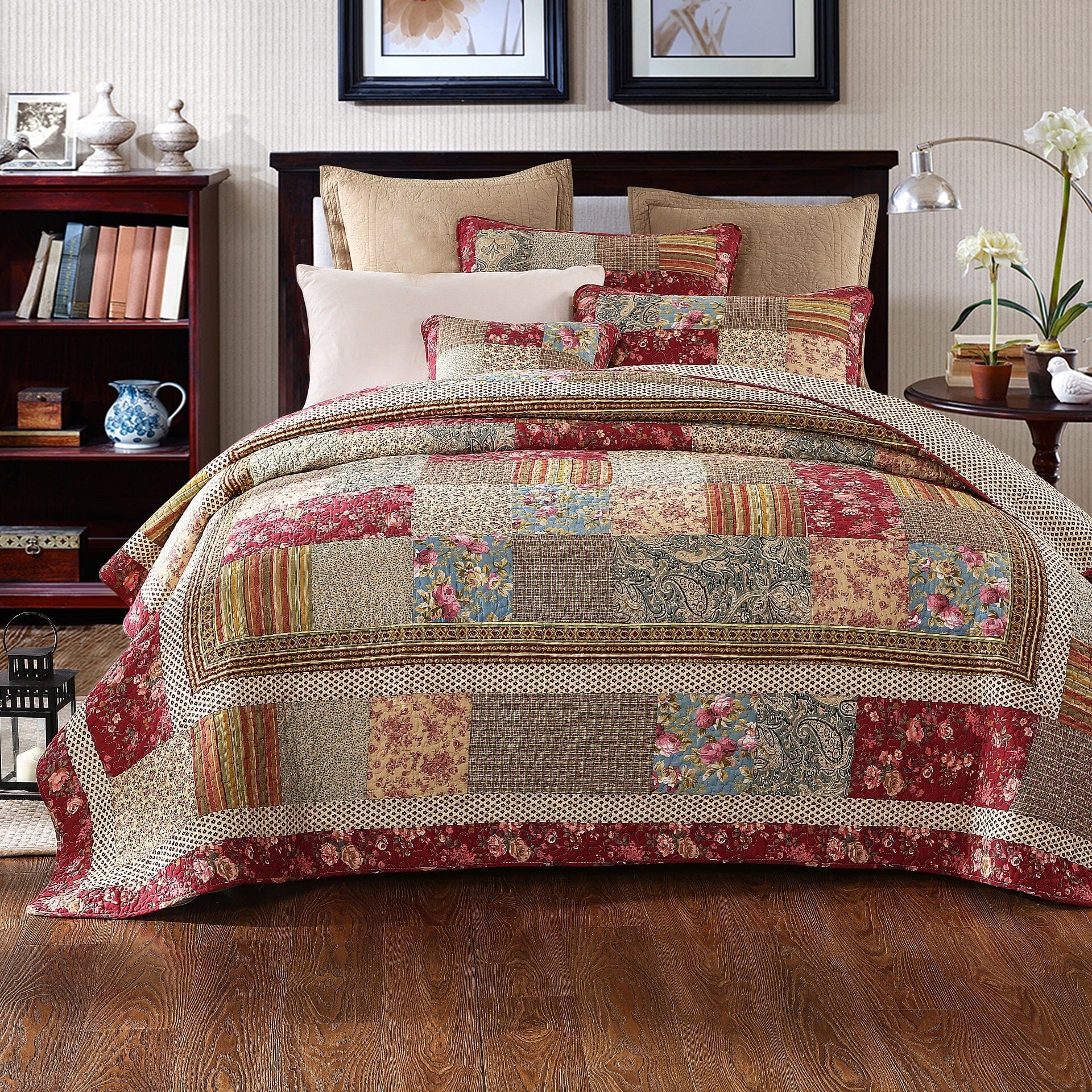 Tache Fairy Tale Tea Party Beige Burgundy Paisley Floral Cotton Patchwork Quilt Set (DXJ103443)