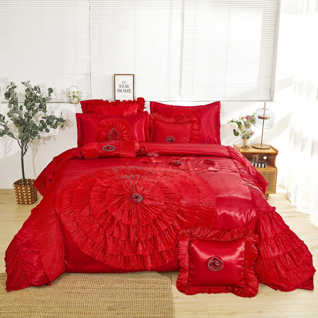 Tache Satin Ruffle Victorian Glam Romantic Red Rose Comforter Set (HY4174)