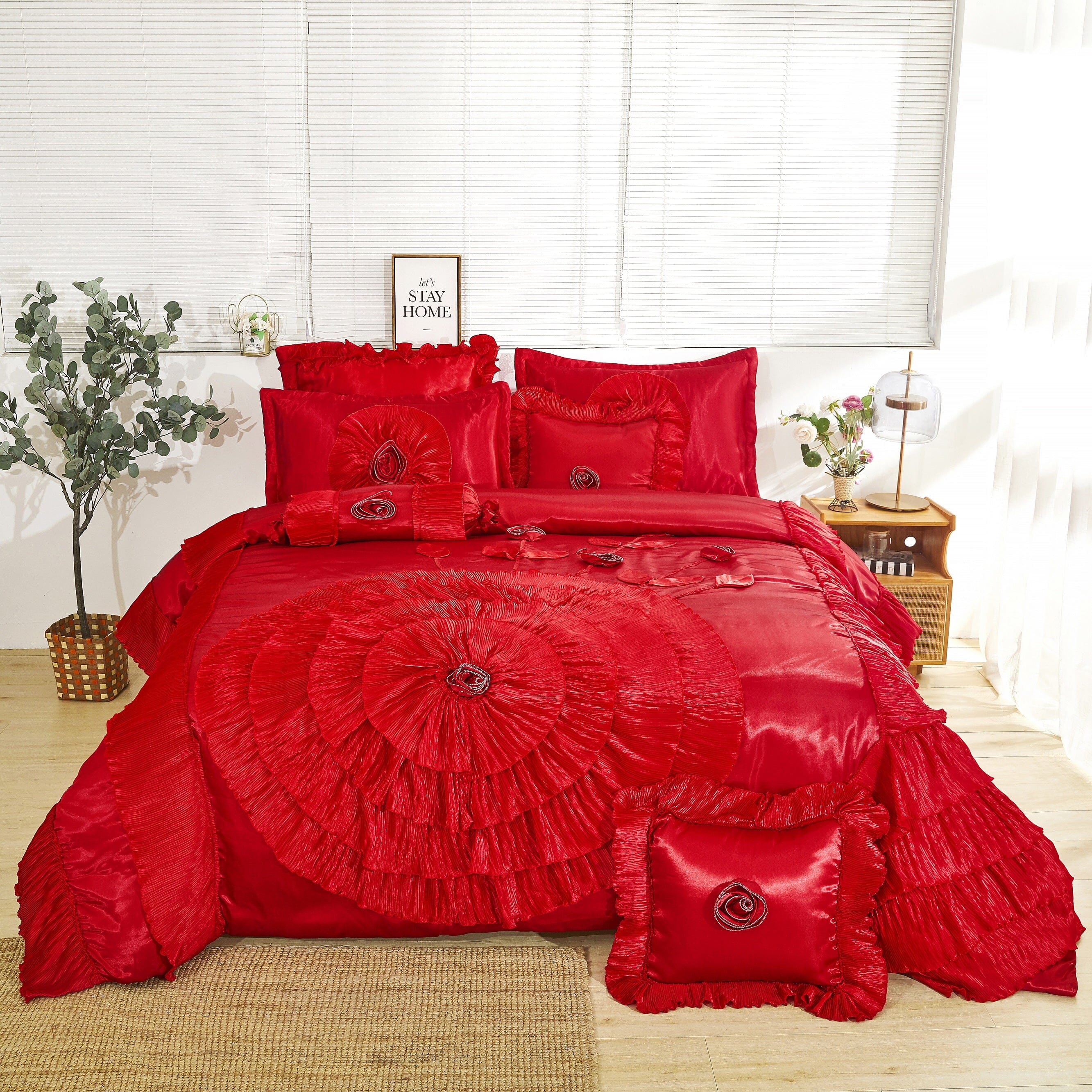 Tache Satin Ruffle Victorian Glam Romantic Red Rose Comforter Set (HY4174)