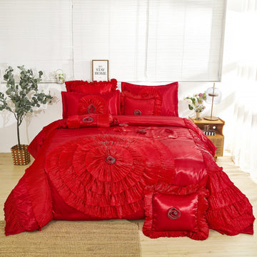Tache Satin Ruffle Victorian Glam Romantic Red Rose Comforter Set (HY4174)