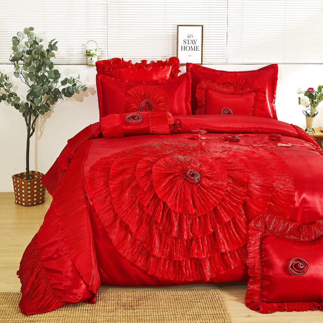 Tache Satin Ruffle Victorian Glam Romantic Red Rose Comforter Set (HY4174)