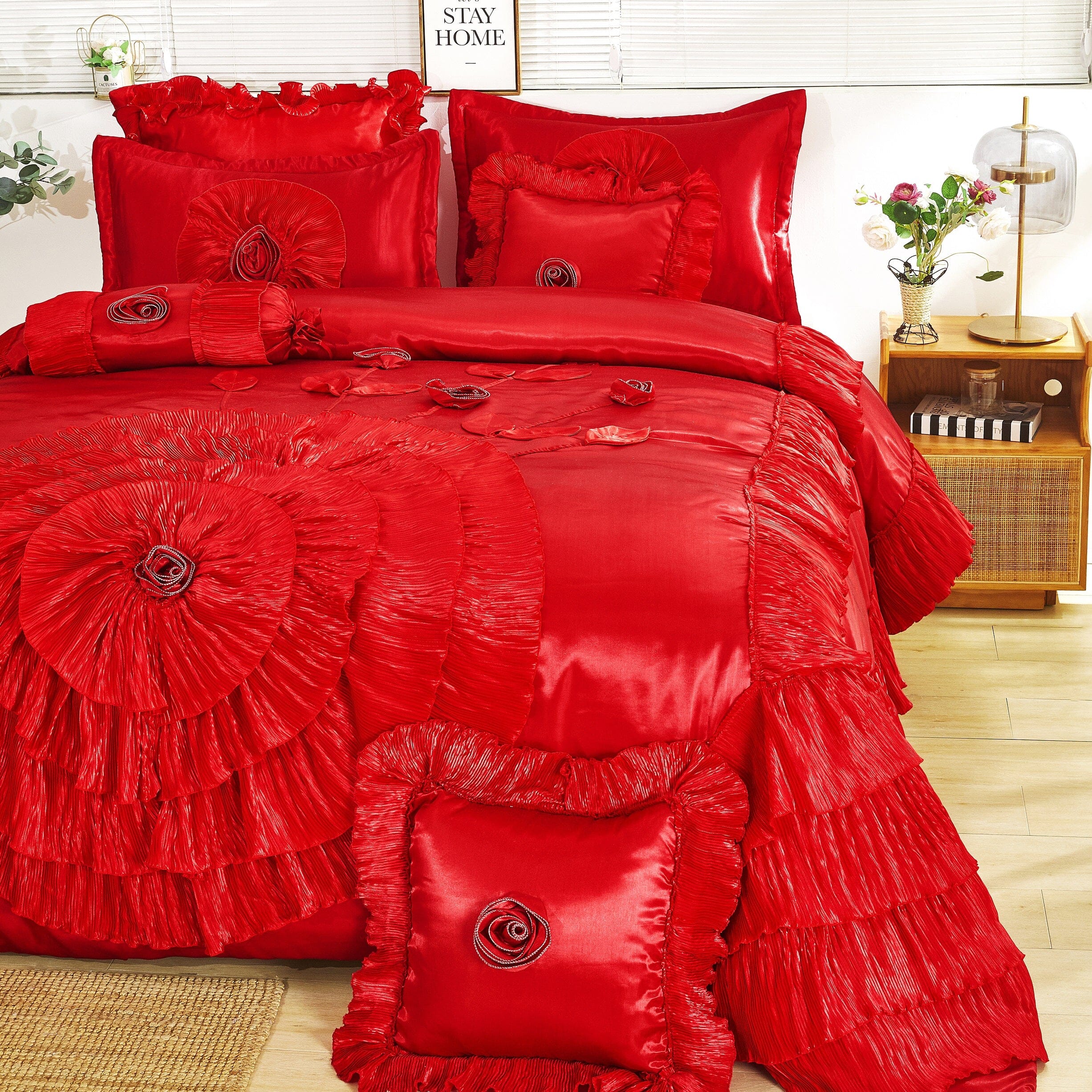 Tache Satin Ruffle Victorian Glam Romantic Red Rose Comforter Set (HY4174)