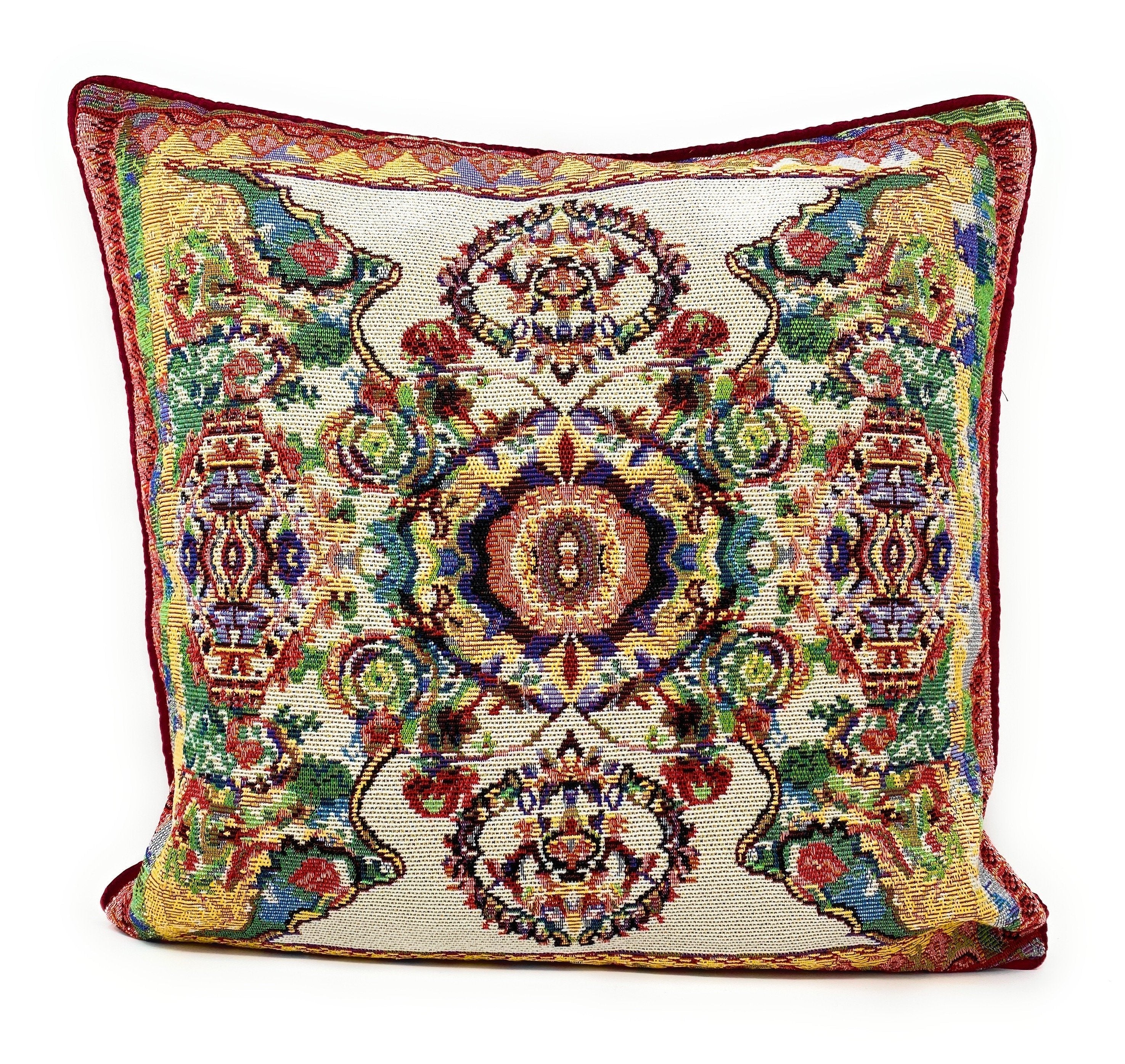 Tache Elegant Ivory Colorful Ornate Paisley Woven Tapestry Throw Pillow Cover (18193)