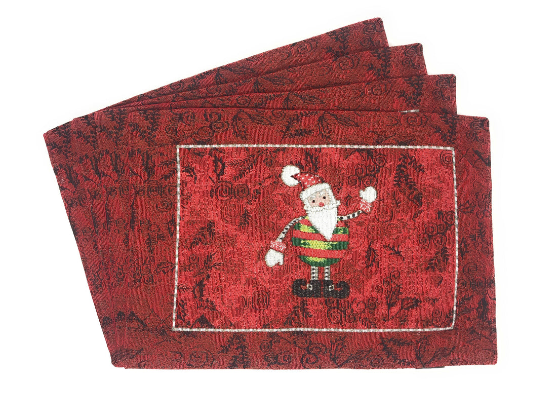 Taterbush Here Comes Santa Claus Vintage Holiday Woven Tapestry Red Christmas Placemat Set of 4 (8577PM)