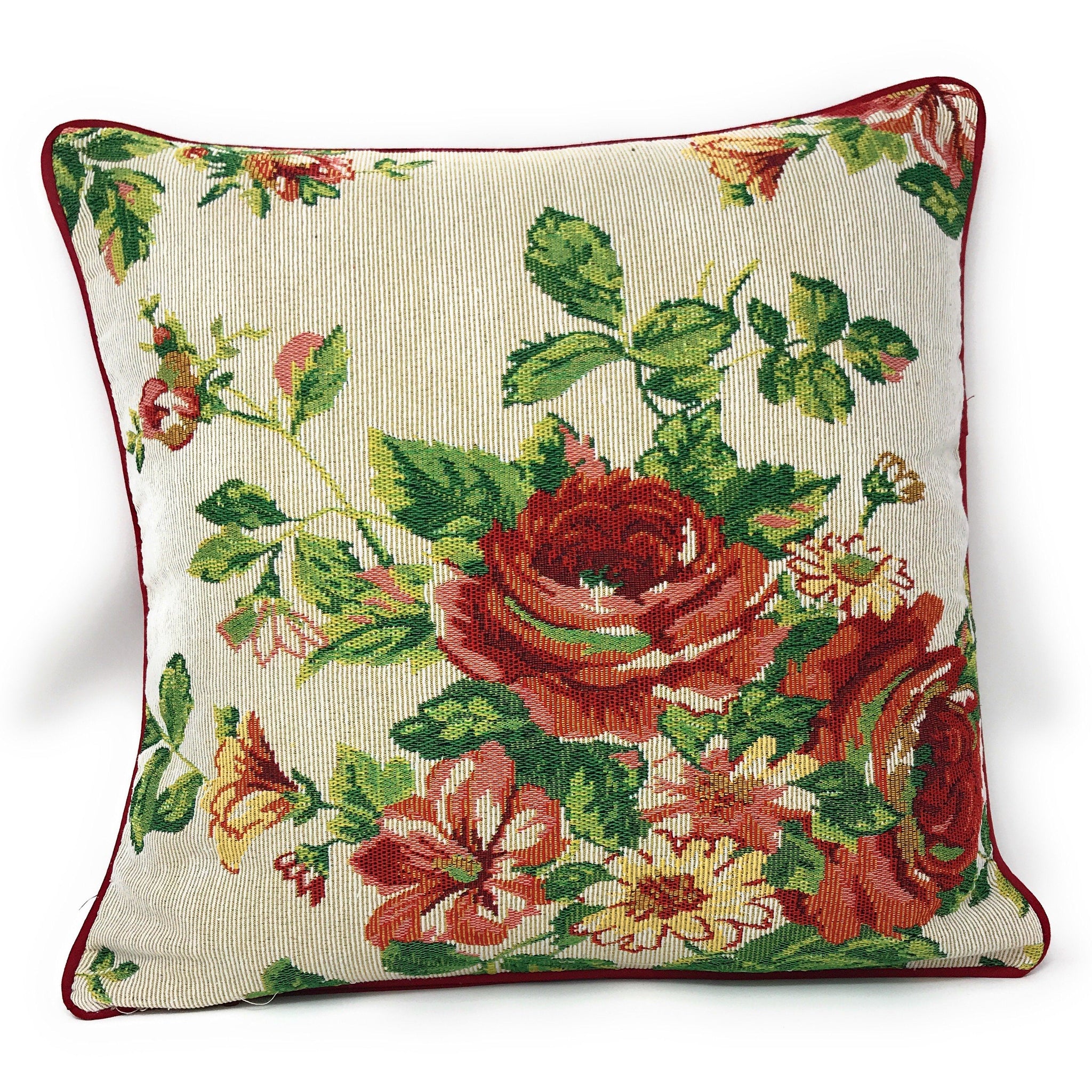 Taterbush Sweet Roses Vintage Ivory Woven Tapestry Throw Pillow Cover (17593CC)