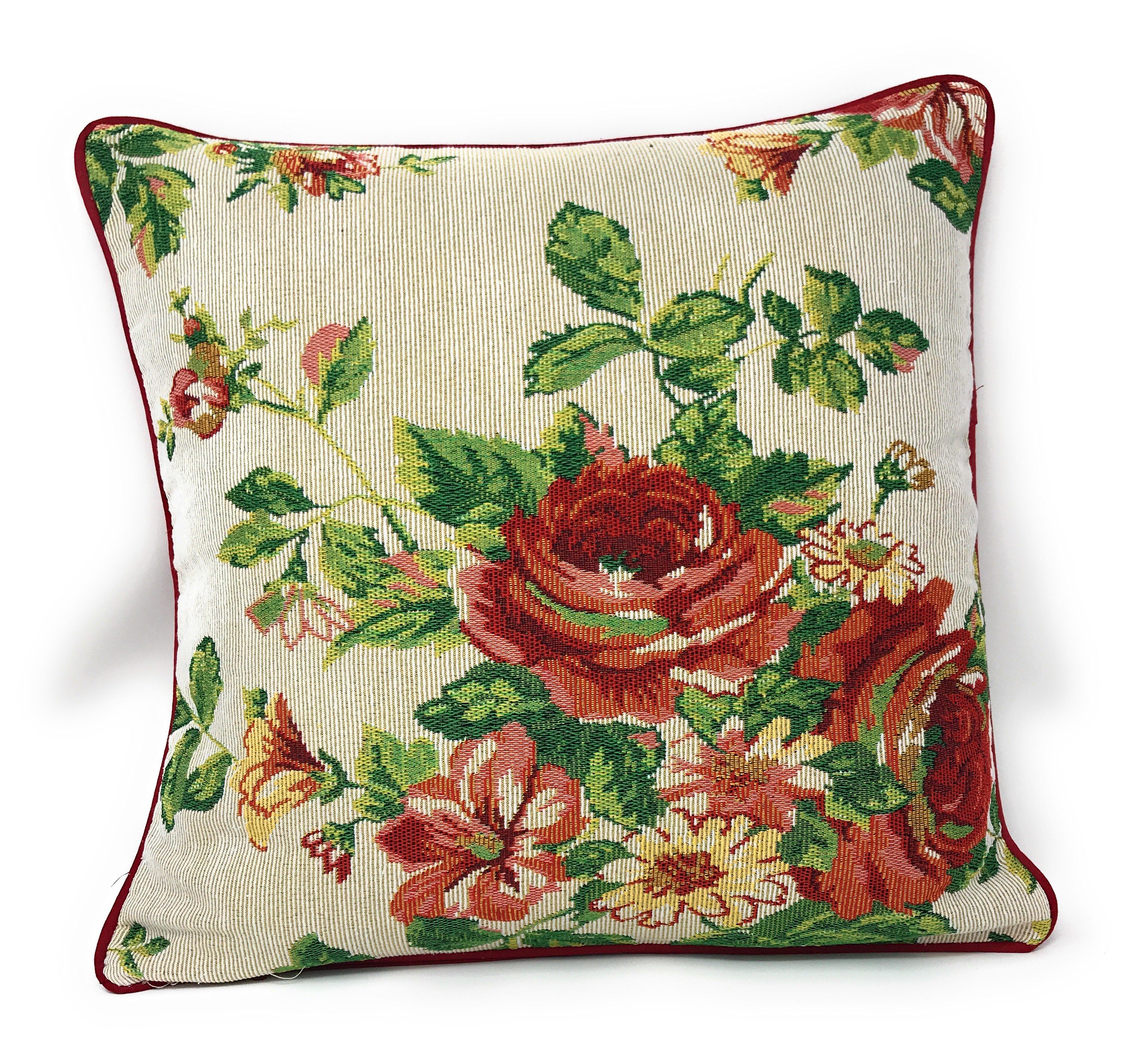 Taterbush Sweet Roses Vintage Ivory Woven Tapestry Throw Pillow Cover (17593CC)