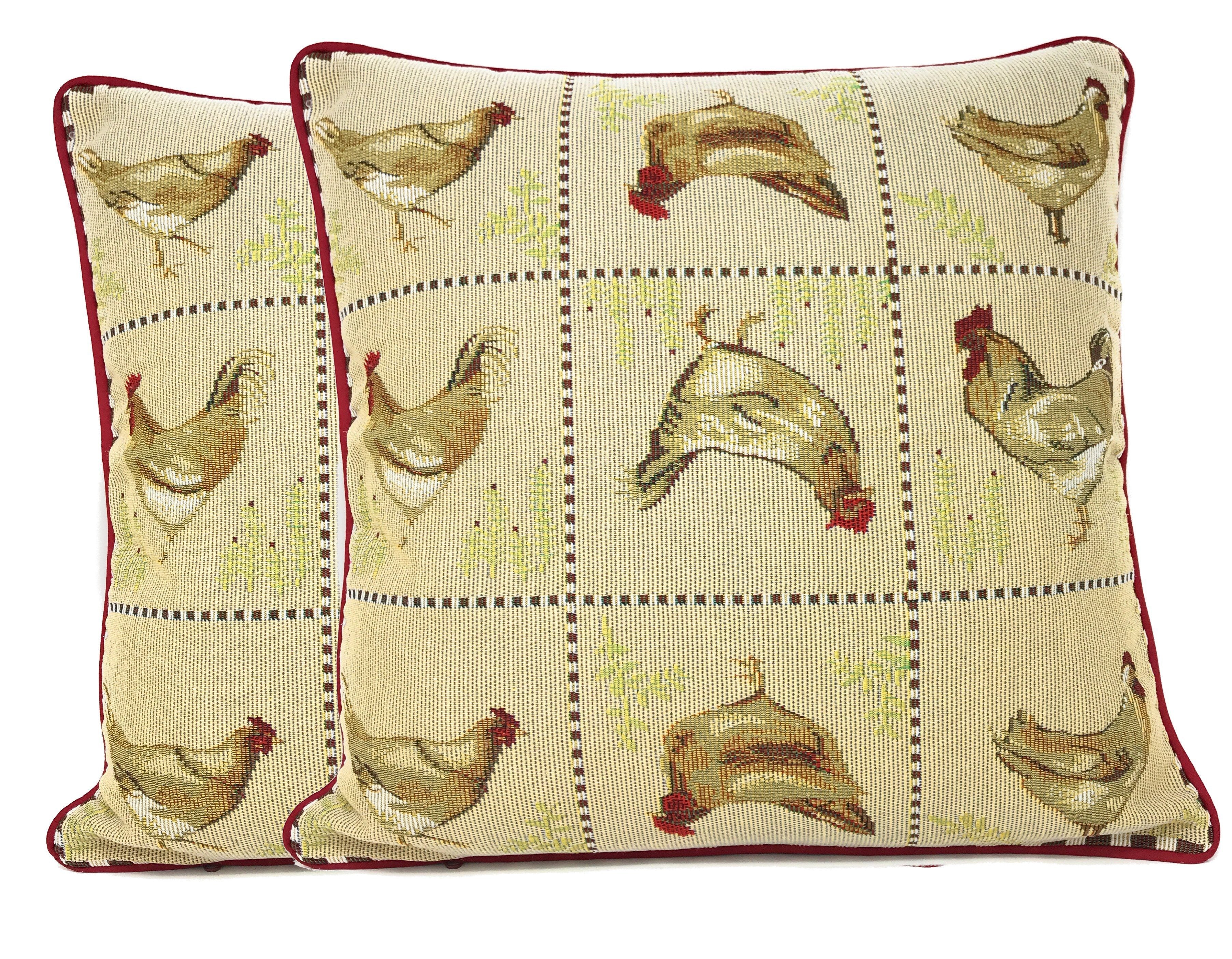 Tache Country Farmhouse Rooster Hens Woven Tapestry Throw Pillow Cover (13139CC)