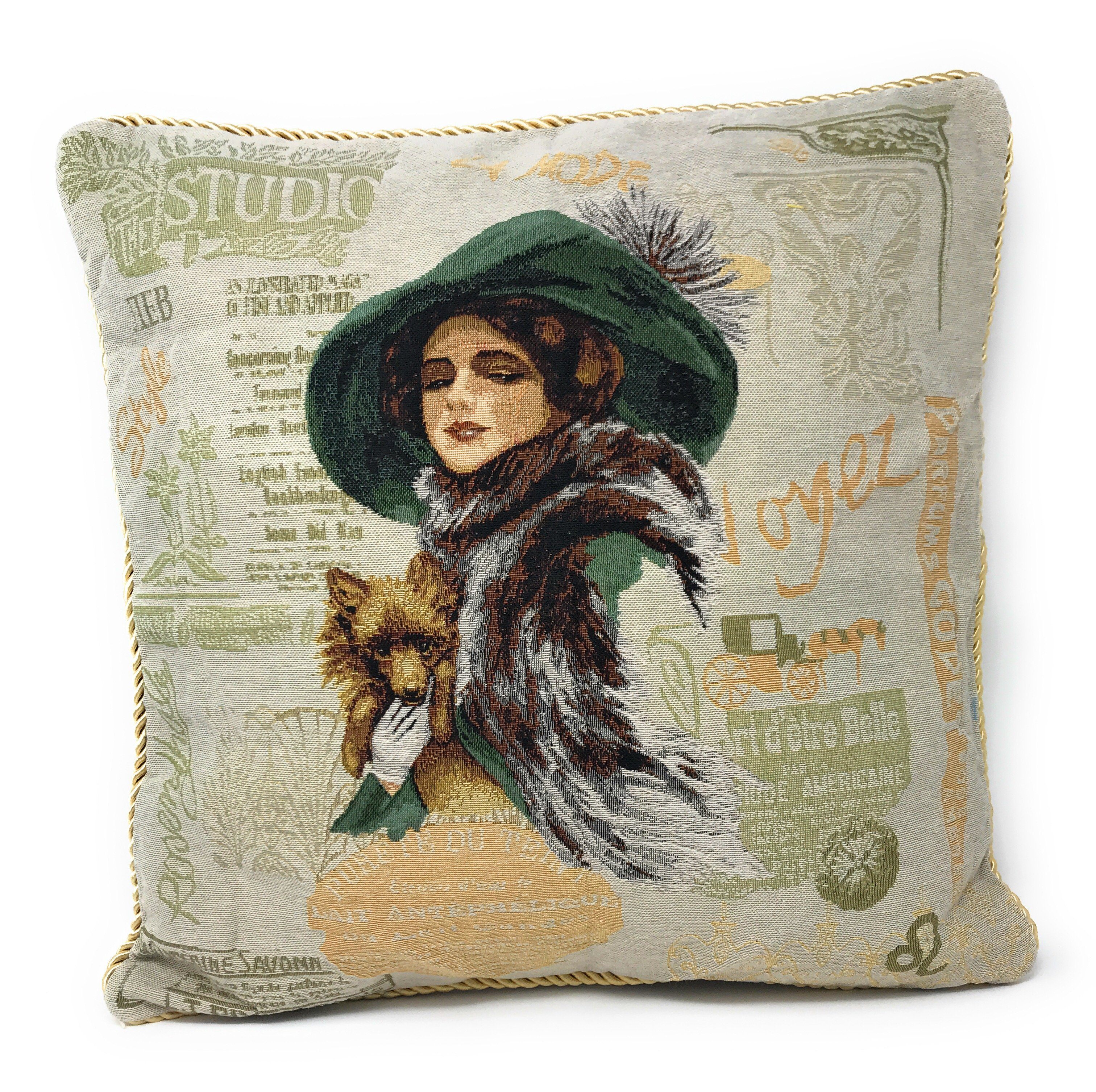 Tache Puppy Day Out French European Postcard Emerald Green Beige Tapestry Throw Pillow Cover (CC-1354)