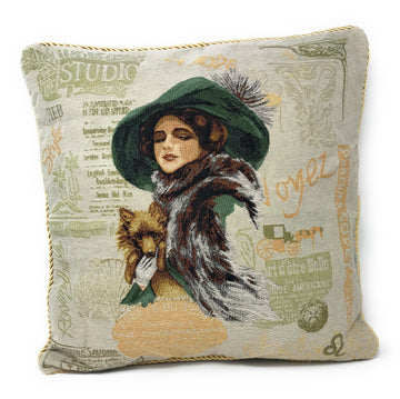 Tache Puppy Day Out French European Postcard Emerald Green Beige Tapestry Throw Pillow Cover (CC-1354)