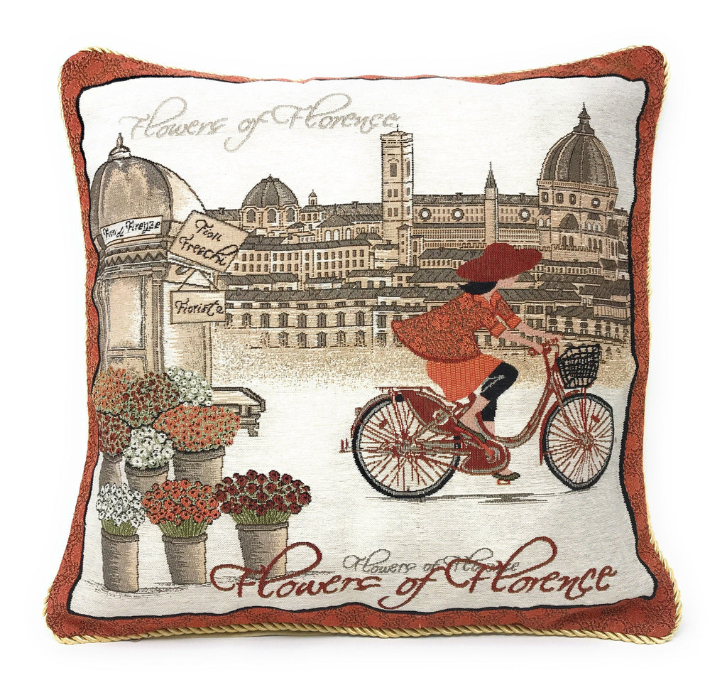 Tache Flowers of Florence Italy Skyline European Postcard Woven Tapestry Throw Pillow Cover (14003)