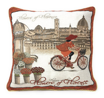 Tache Flowers of Florence Italy Skyline European Postcard Woven Tapestry Throw Pillow Cover (14003)