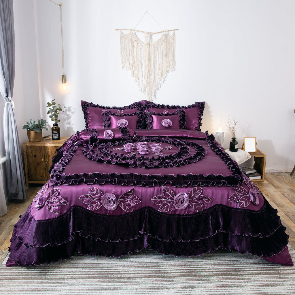 Tache Satin Ruffle Dark Purple Floral Midnight Bloom Comforter (BM-6438)