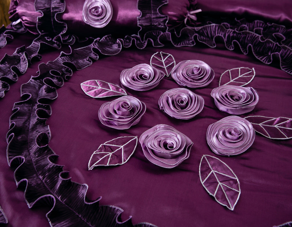 Tache Satin Ruffle Dark Purple Floral Midnight Bloom Comforter (BM-6438)