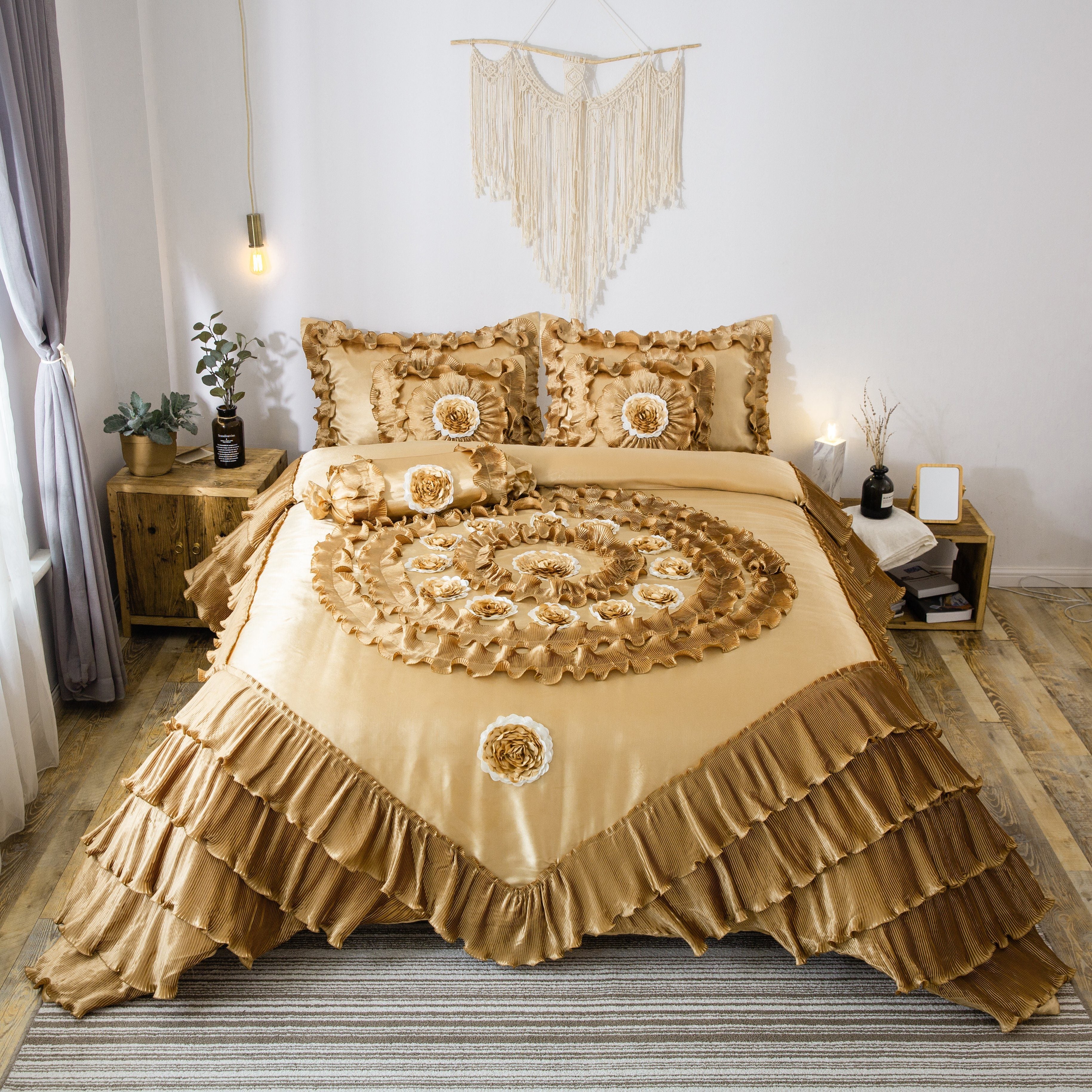 Tache Satin Ruffle Floral Gold Caramel Latte Comforter (BM4578)