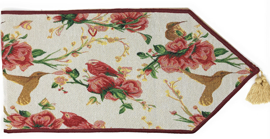Tache Floral Red Roses Hummingbirds Ivory Woven Tapestry Table Runner (18109)