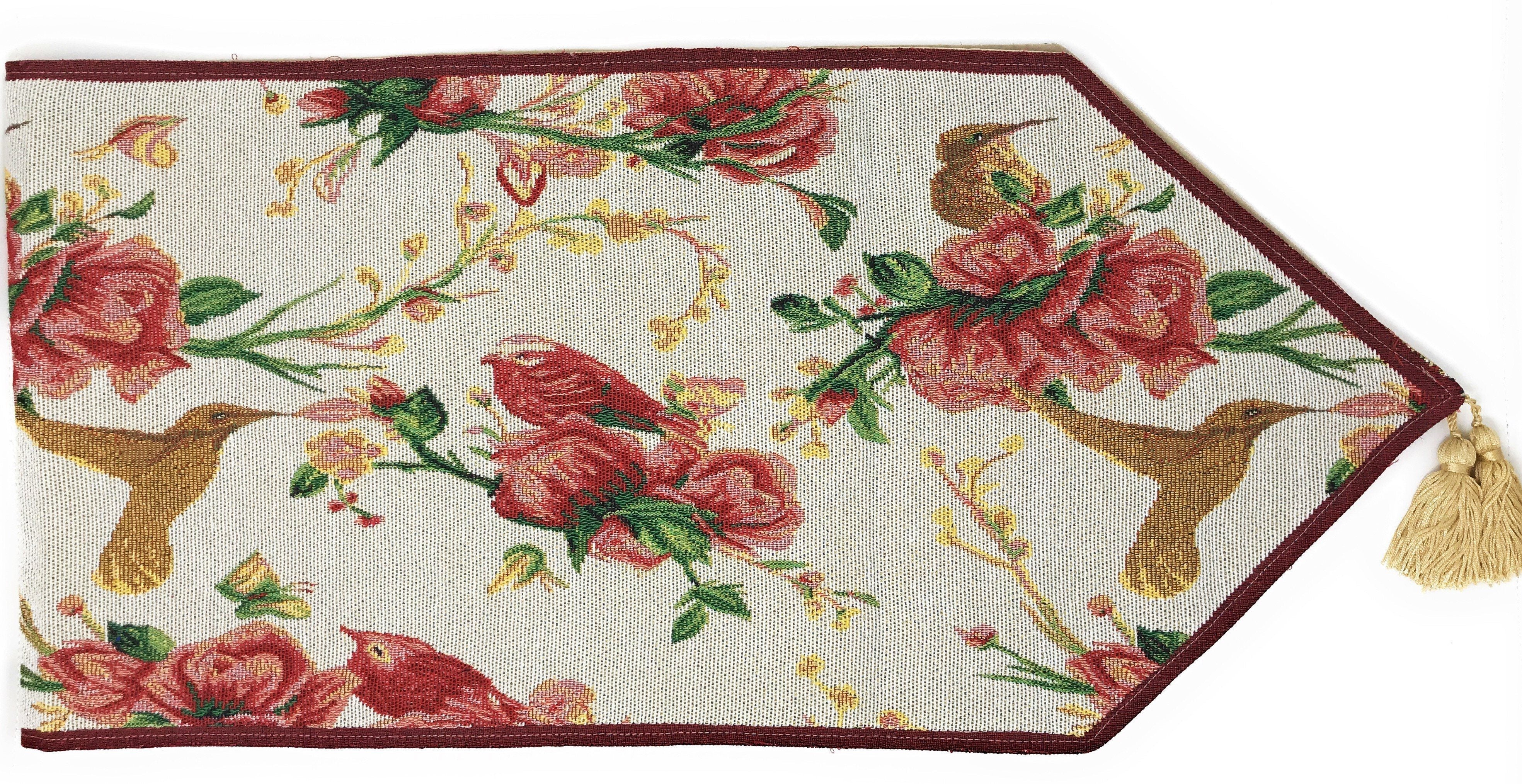 Tache Floral Red Roses Hummingbirds Ivory Woven Tapestry Table Runner (18109)