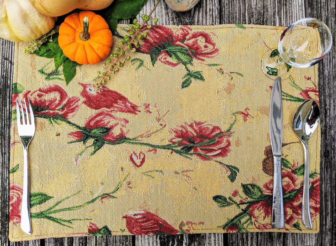 Taterbush Floral Red Roses Hummingbirds Golden Woven Tapestry Placemat Set (18115)