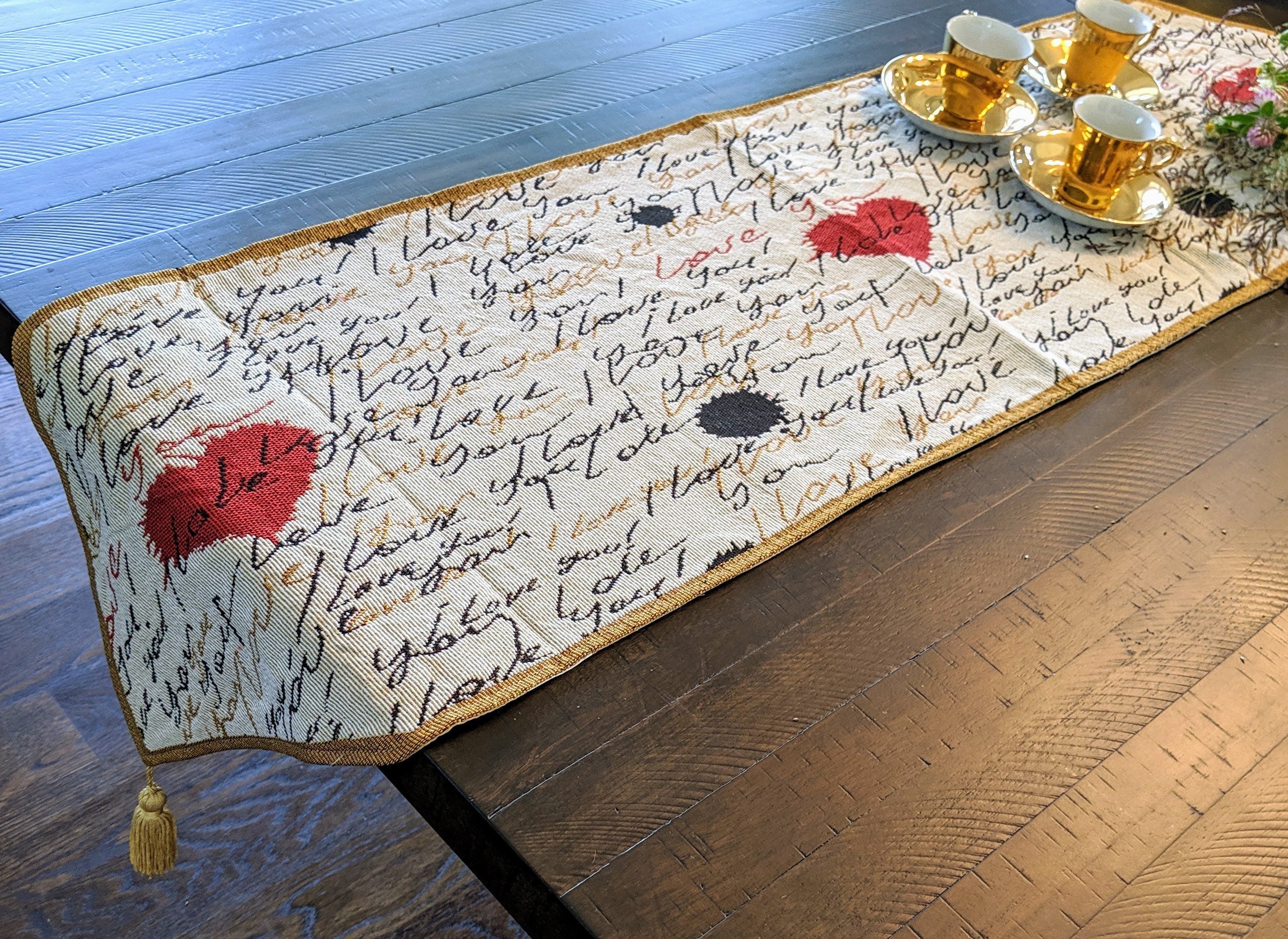 Tache Romantic I Love You Valentine’s Beige Woven Tapestry Table Runner (18111)
