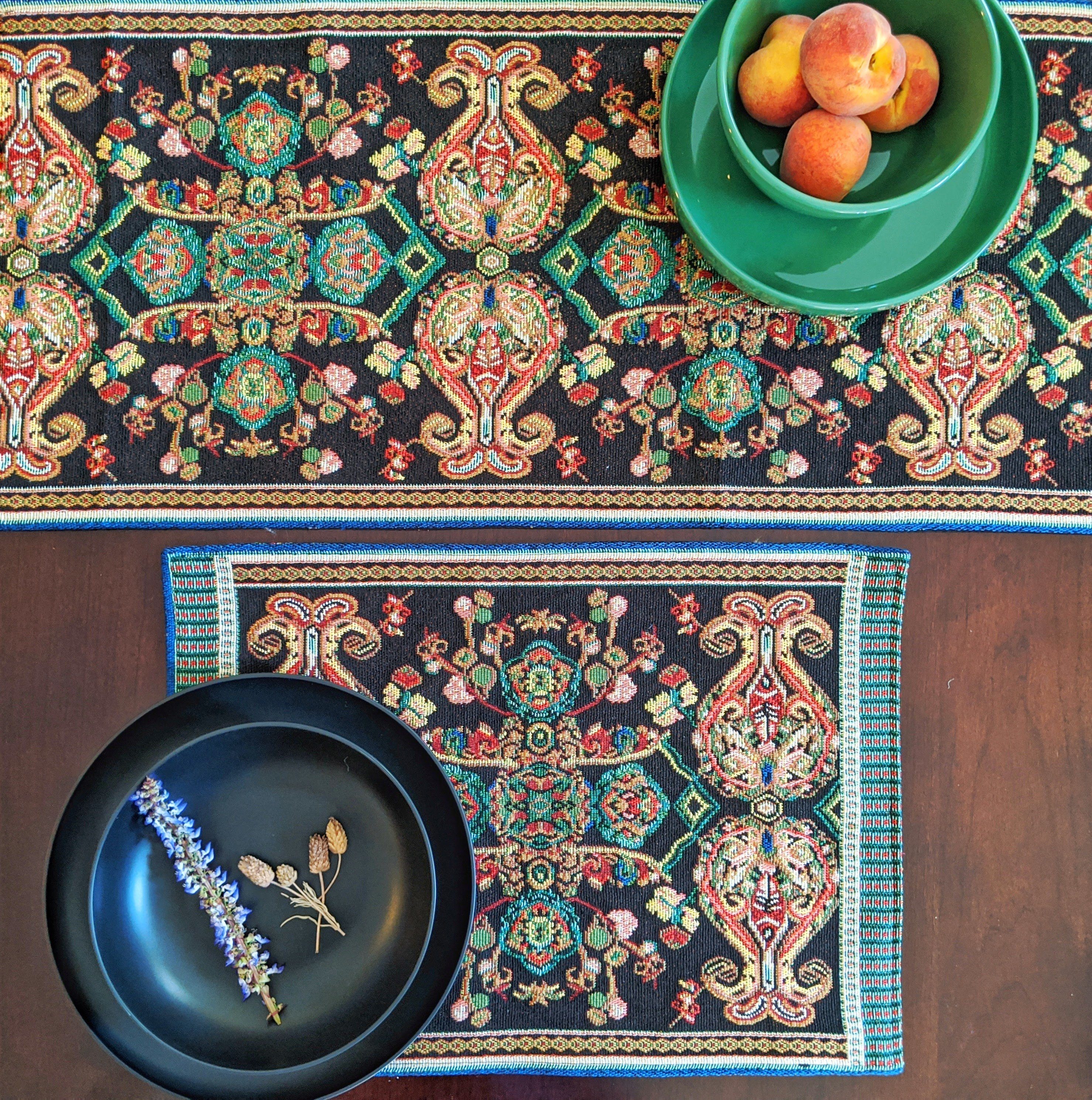 Tache Elegant Black Ornate Paisley Woven Tapestry Table Runner (18192)