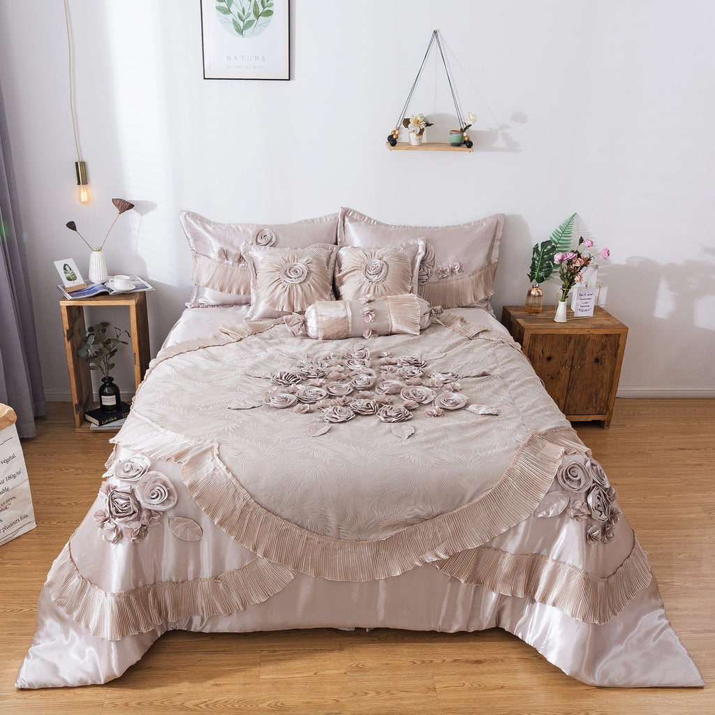 Tache Satin Floral Lace Ruffle Crème Beige Sweet Victorian Luxurious Comforter Set (MZ002C)