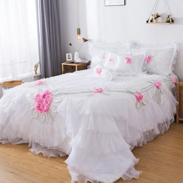 Tache Ruffle Floral Lace Satin White Pink Luxury Delicate Rose Comforter Set (MA125)