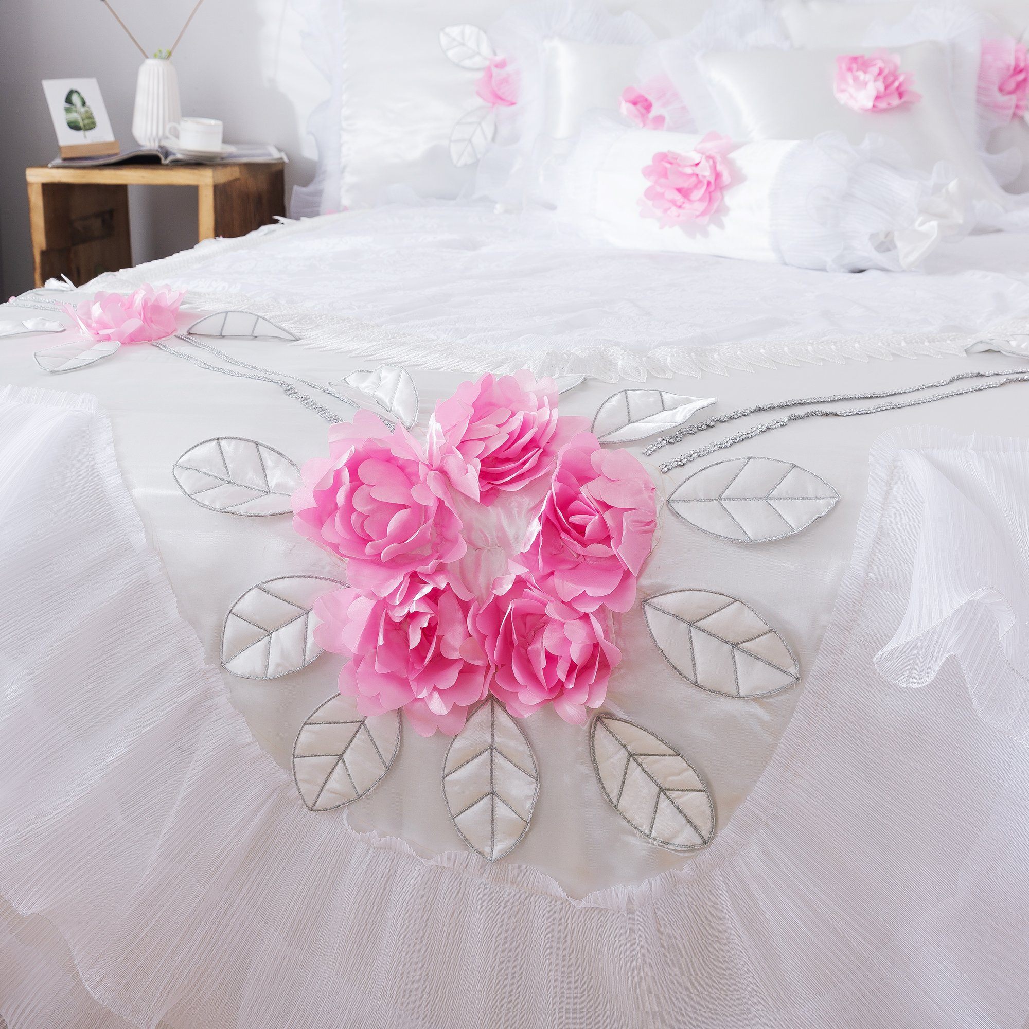 Tache Ruffle Floral Lace Satin White Pink Luxury Delicate Rose Comforter Set (MA125)