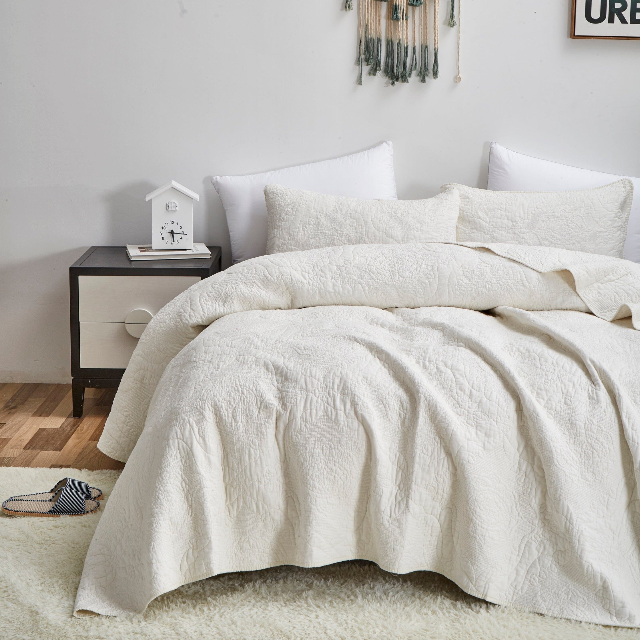 Tache Vanilla Cream Ivory Paisley Damask Stitch Matelass¨¦ Cotton Quilt Set (JHW-643)