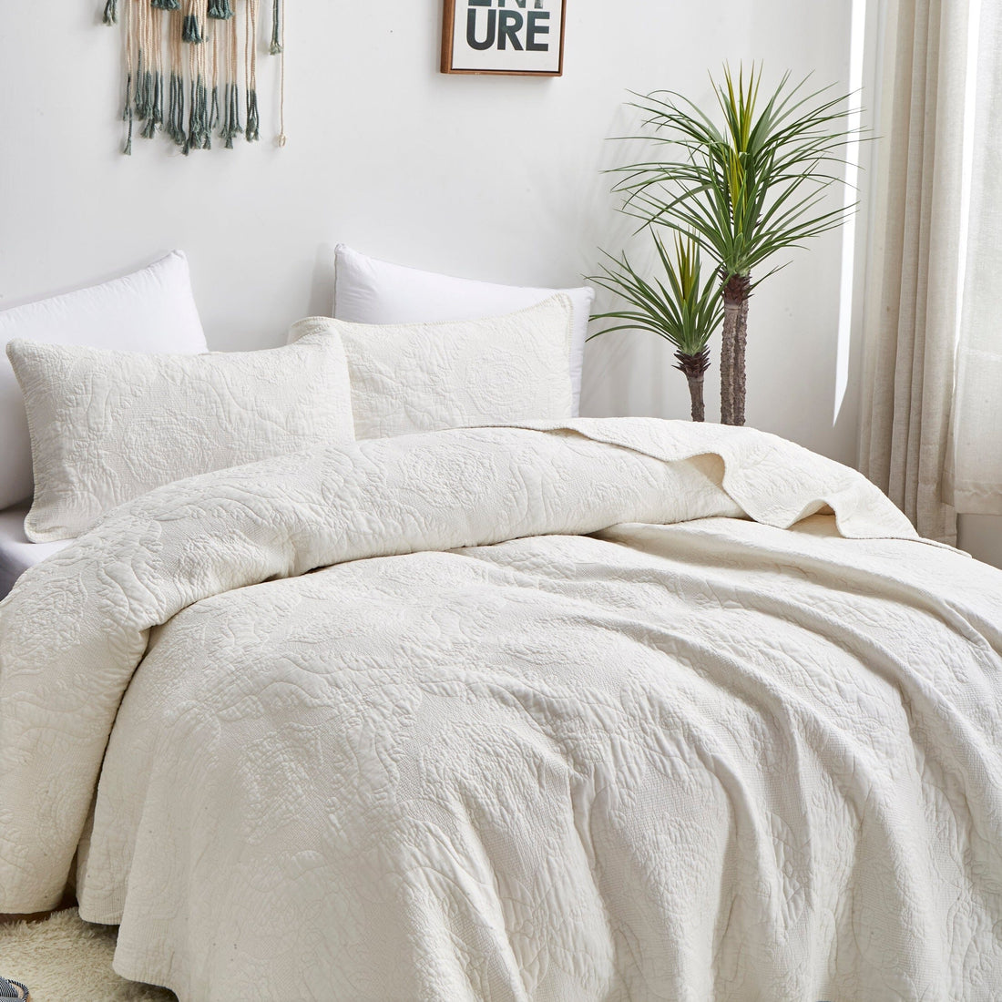 Taterbush Vanilla Cream Ivory Paisley Damask Stitch Matelassé Cotton Quilt Set (JHW-643)