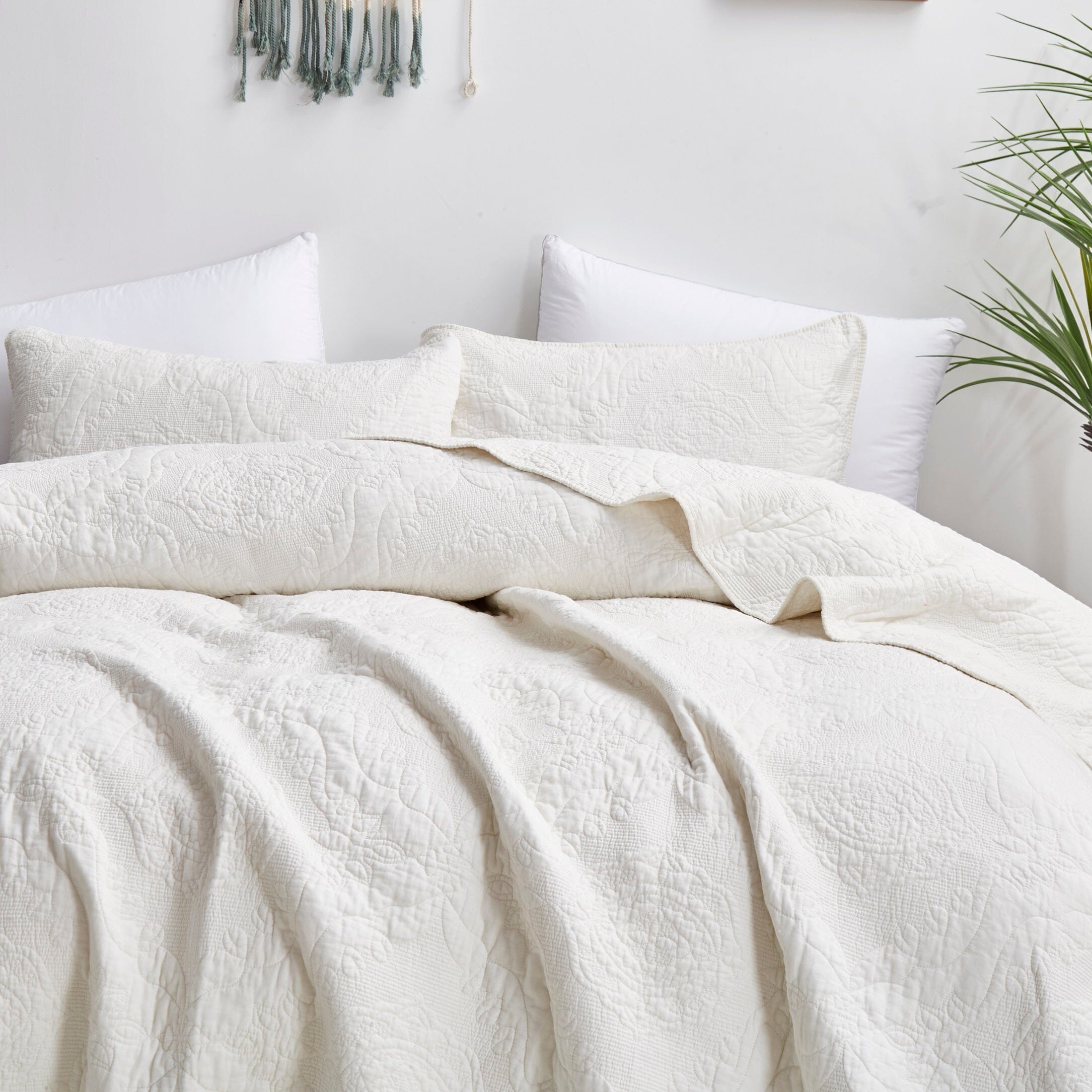 Tache Vanilla Cream Ivory Paisley Damask Stitch Matelass¨¦ Cotton Quilt Set (JHW-643)