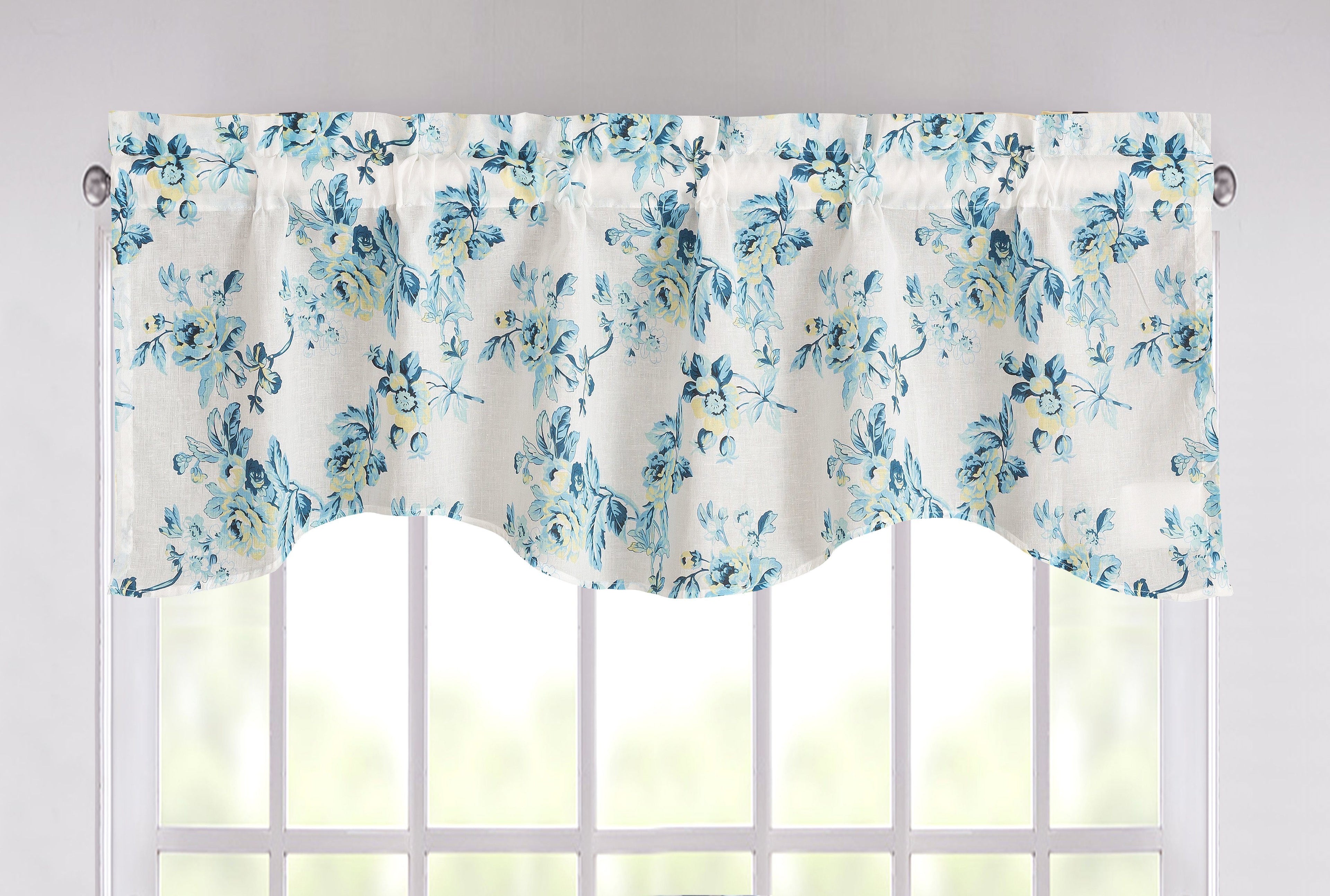 Tache Cotton White Blue Floral Scalloped Petal Dance Sheer Scalloped Window Treatment Valance (JHW-646)