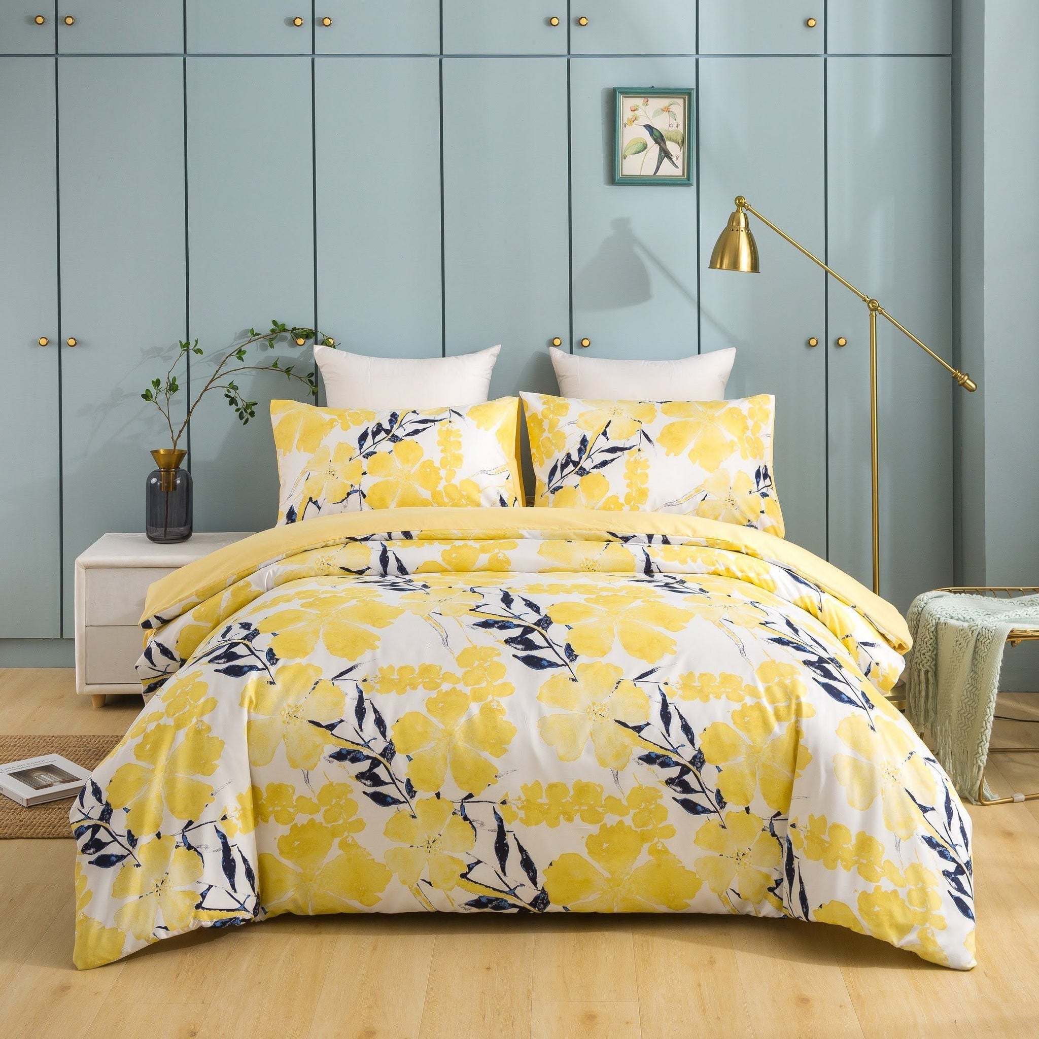 Taterbush Microfiber Watercolor Tropical Floral Yellow Blue Duvet Cover (JHW-841)
