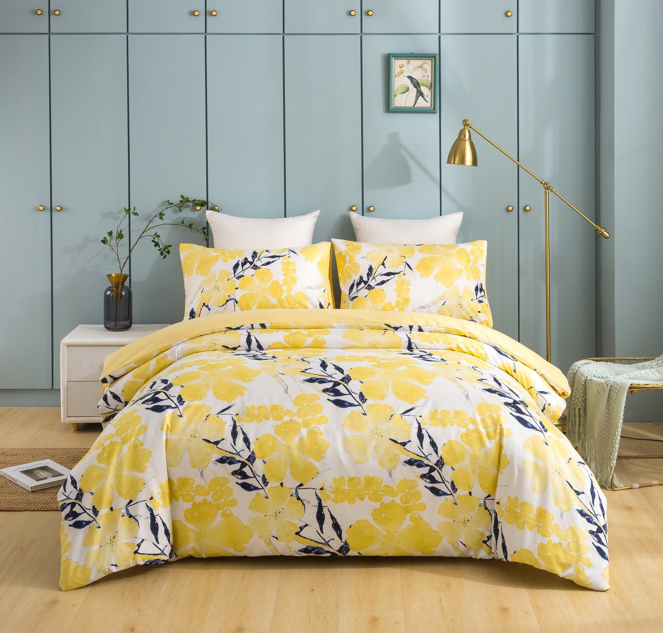 Tache Microfiber Watercolor Tropical Floral Yellow Blue Duvet Cover (JHW-841)