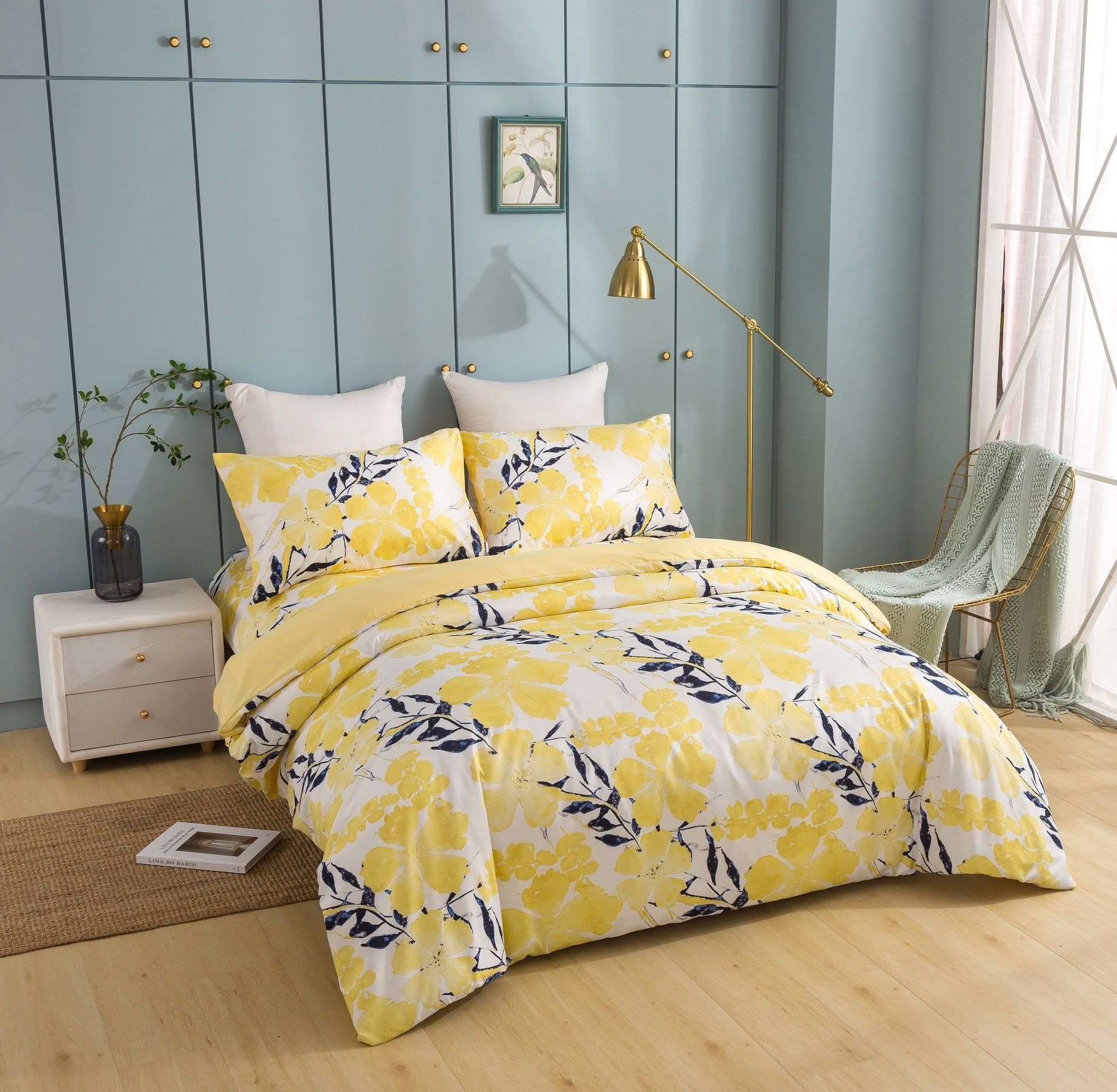 Tache Microfiber Watercolor Tropical Floral Yellow Blue Duvet Cover (JHW-841)