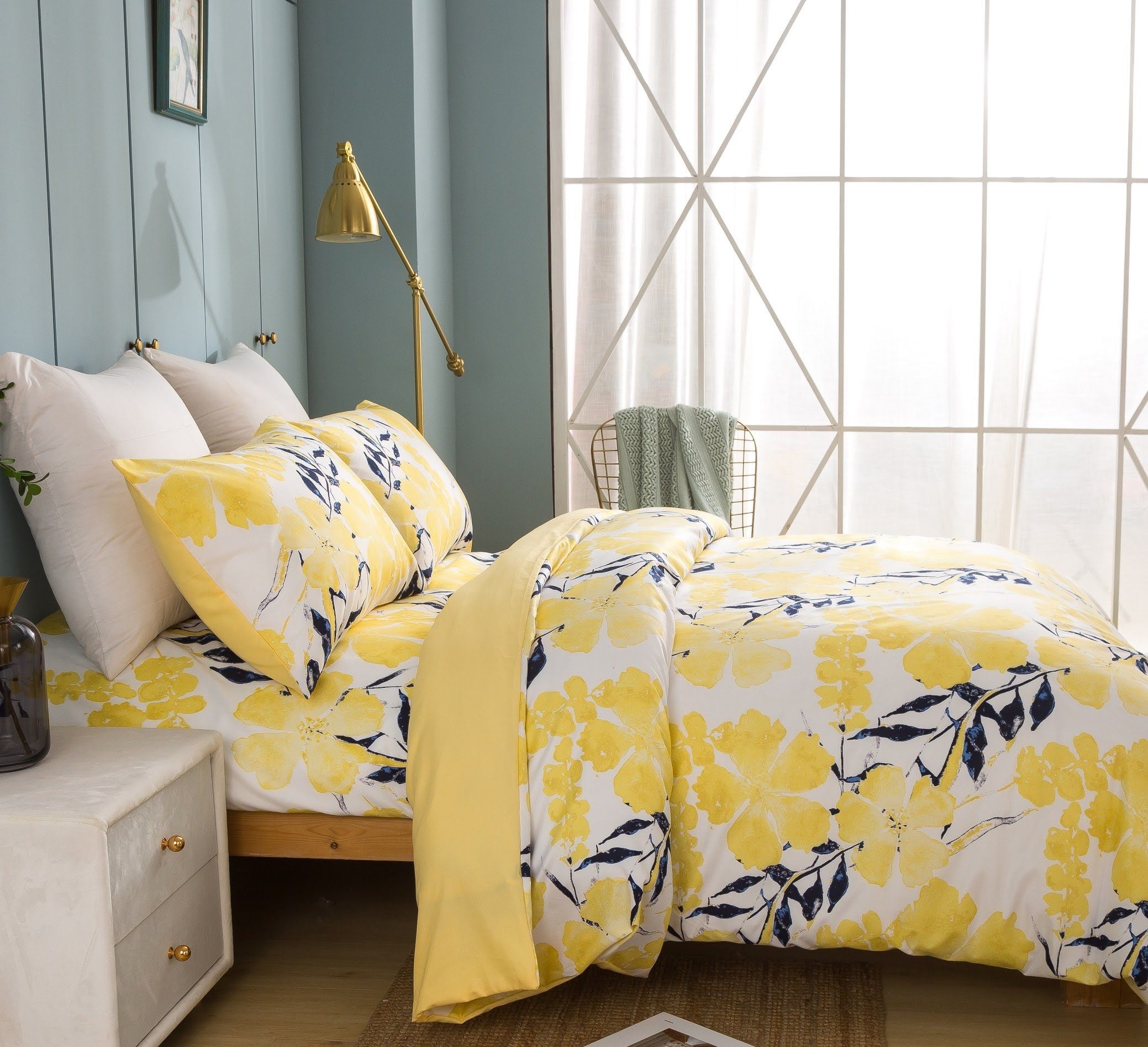 Taterbush Microfiber Watercolor Tropical Floral Yellow Blue Duvet Cover (JHW-841)