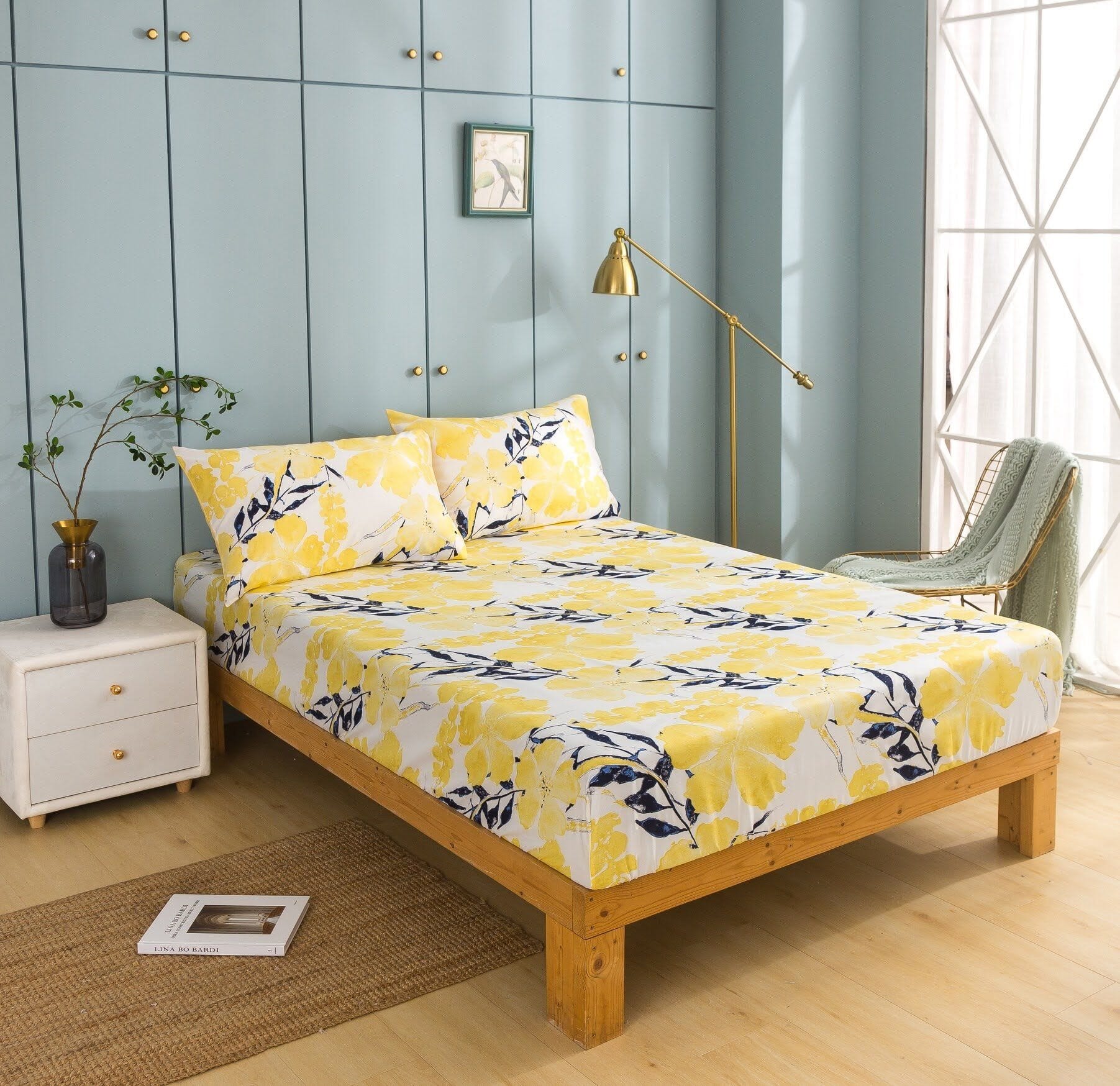 Taterbush Microfiber Watercolor Tropical Floral Yellow Blue Fitted Sheet / Flat Sheet (JHW-841)