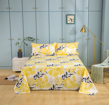Taterbush Microfiber Watercolor Tropical Floral Yellow Blue Fitted Sheet / Flat Sheet (JHW-841)