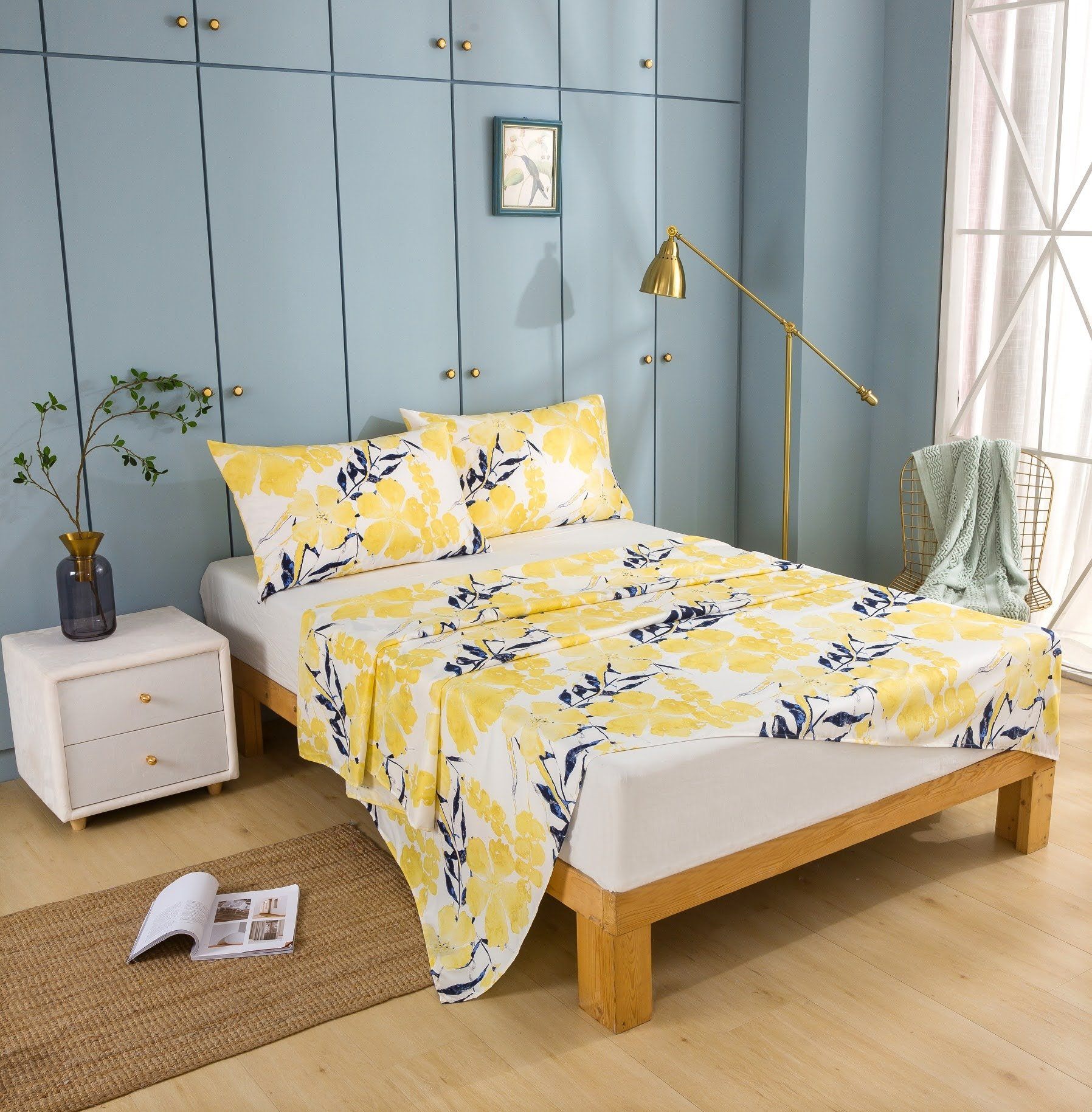 Taterbush Microfiber Watercolor Tropical Floral Yellow Blue Fitted Sheet / Flat Sheet (JHW-841)