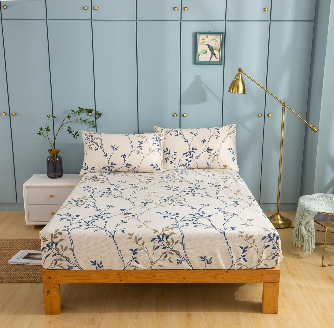 Taterbush Poplin Cotton Elegant Leaf Vine Cream Beige Fitted Sheet / Flat Sheet (JHW-842)