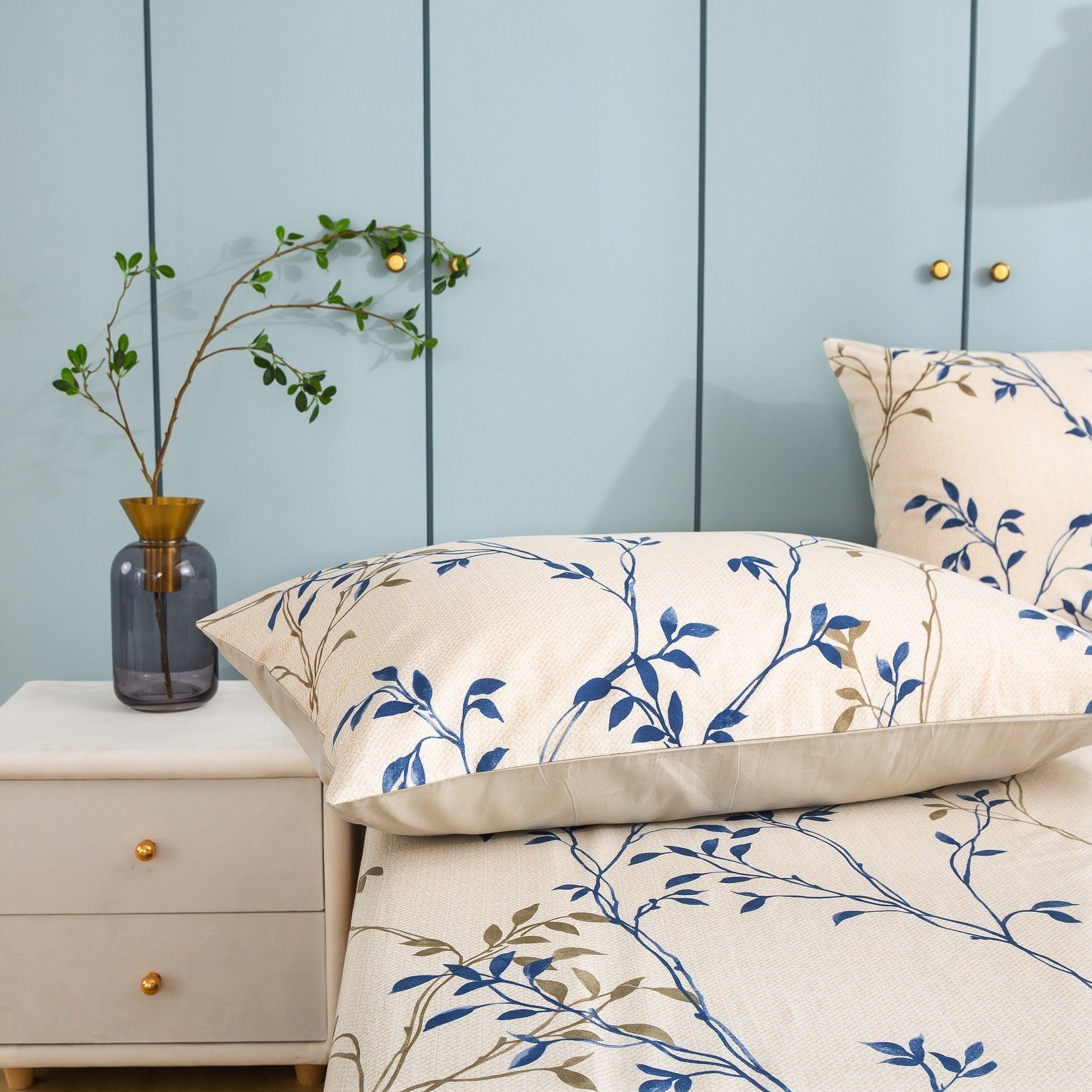 Tache Poplin Cotton Elegant Leaf Vine Cream Beige Fitted Sheet / Flat Sheet (JHW-842)